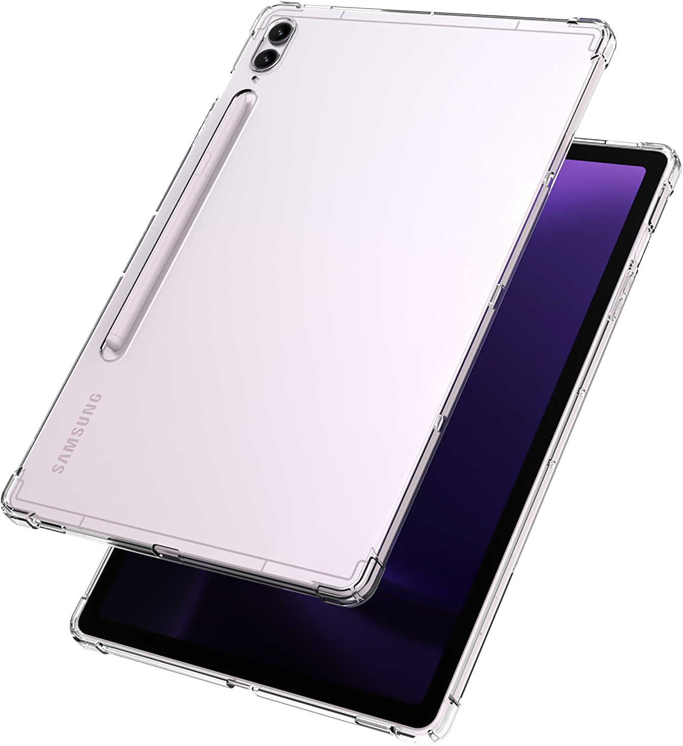 Eine transparente Hülle schützt ein Samsung-Tablet. Das Tablet ist weiß mit einem lila Bildschirm, und ein Stift befindet sich an der Seite.