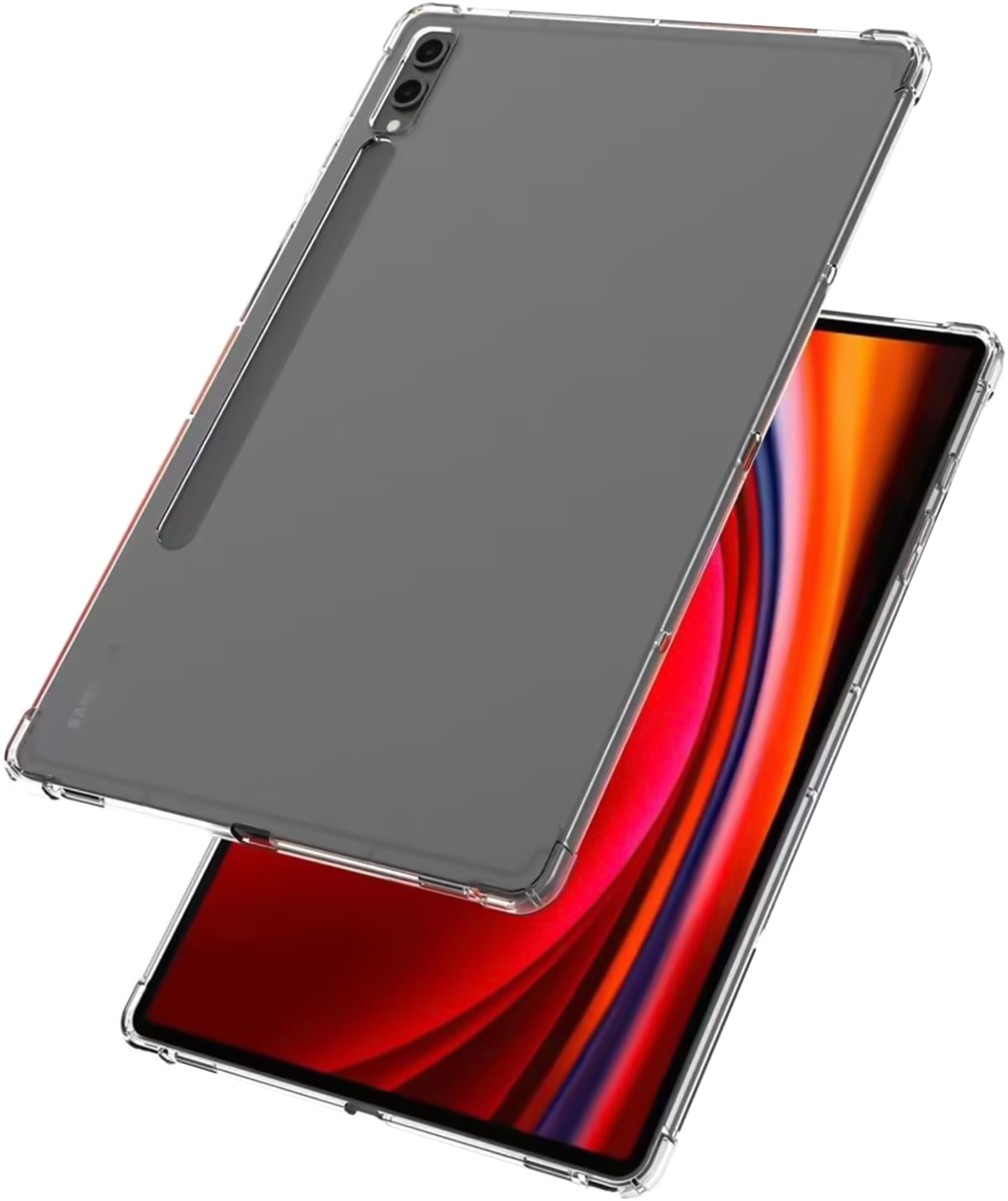 Zwei Tablets, eines mit einer transparenten Hülle, das andere mit einem roten, orangen und violetten abstrakten Design.