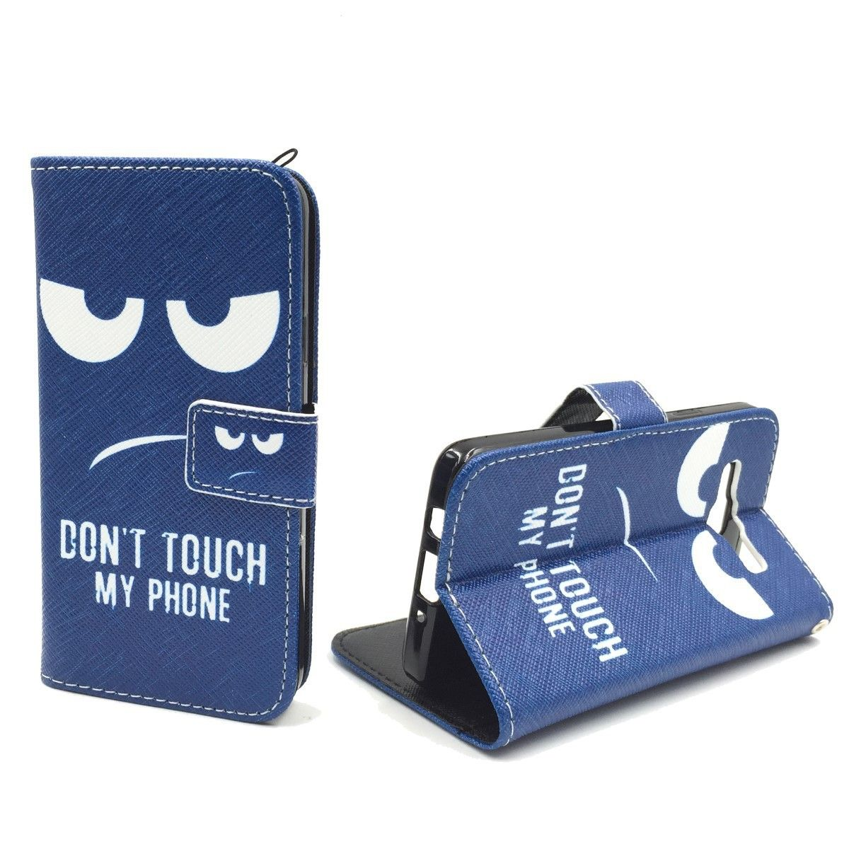 Blaue Handyhülle mit Gesichtsdesign und Text 'DON'T TOUCH MY PHONE'. Eine Hülle ist offen.