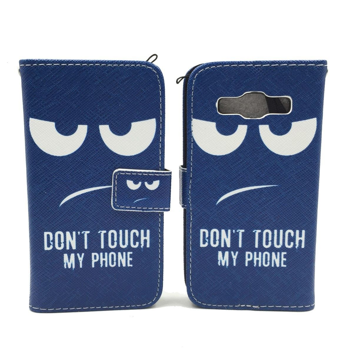 Zwei blaue Handyhüllen mit einem Cartoon-Gesicht und dem Text 'DON'T TOUCH MY PHONE'.
