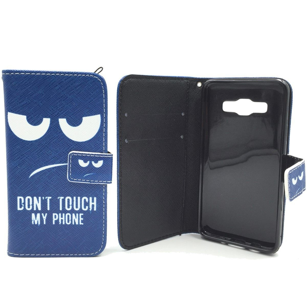 Blaue Handyhülle mit wütendem Gesicht und Text 'Don't touch my phone', offen.