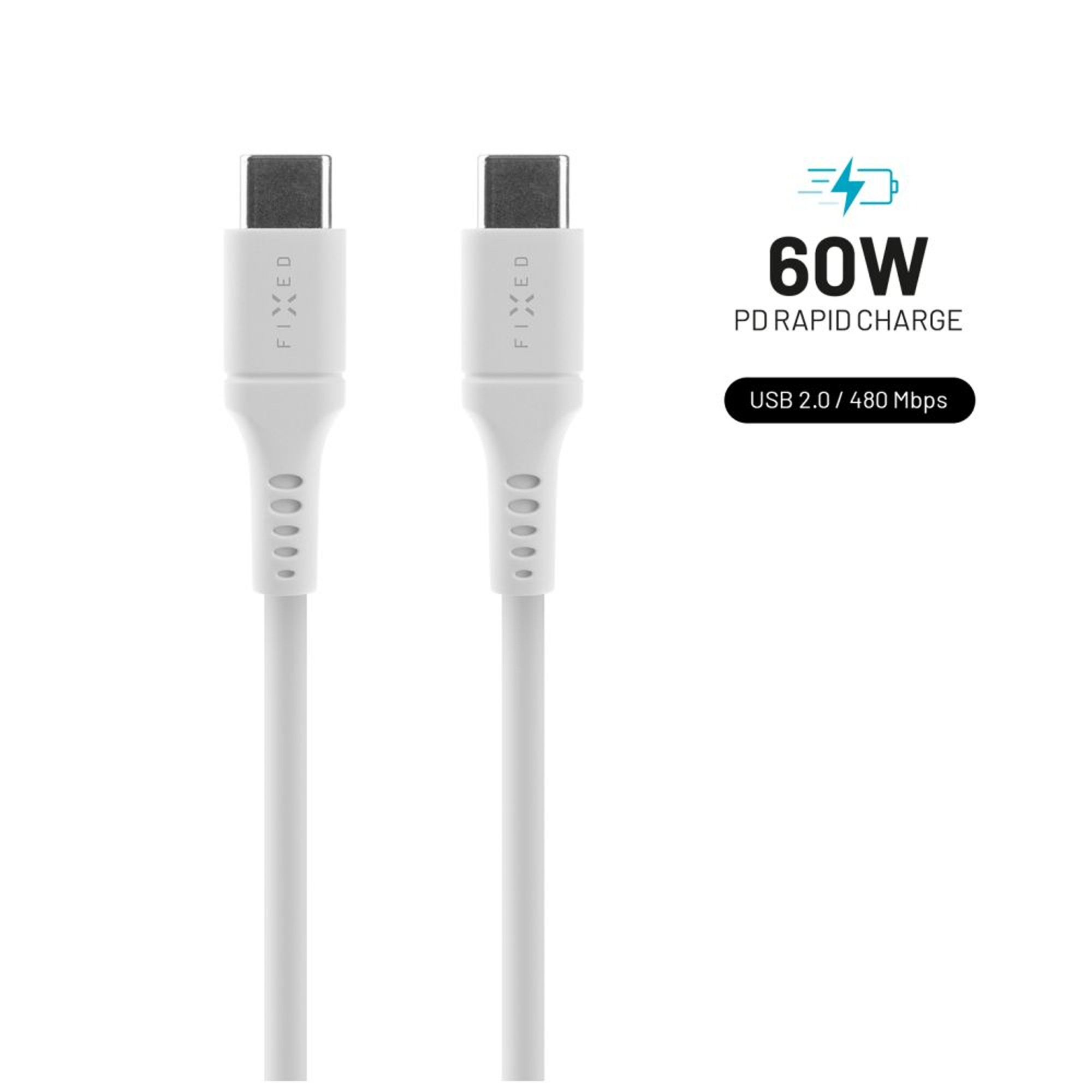 Zwei weiße USB-C-Kabel mit 60W PD Schnellladeanzeige auf weißem Hintergrund.