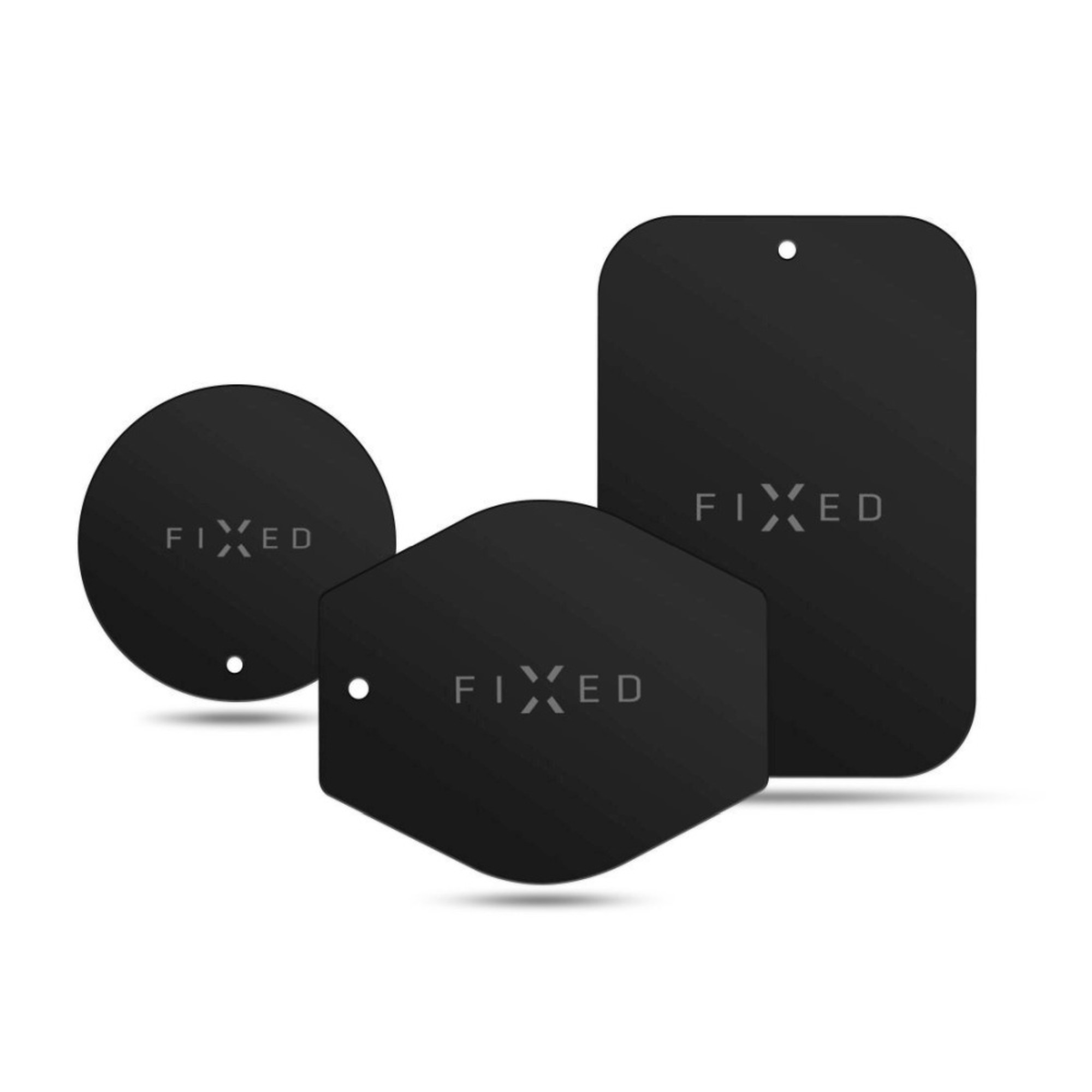 Drei schwarze magnetische Autohalterungen in verschiedenen Formen und Größen mit dem Wort FIXED darauf.