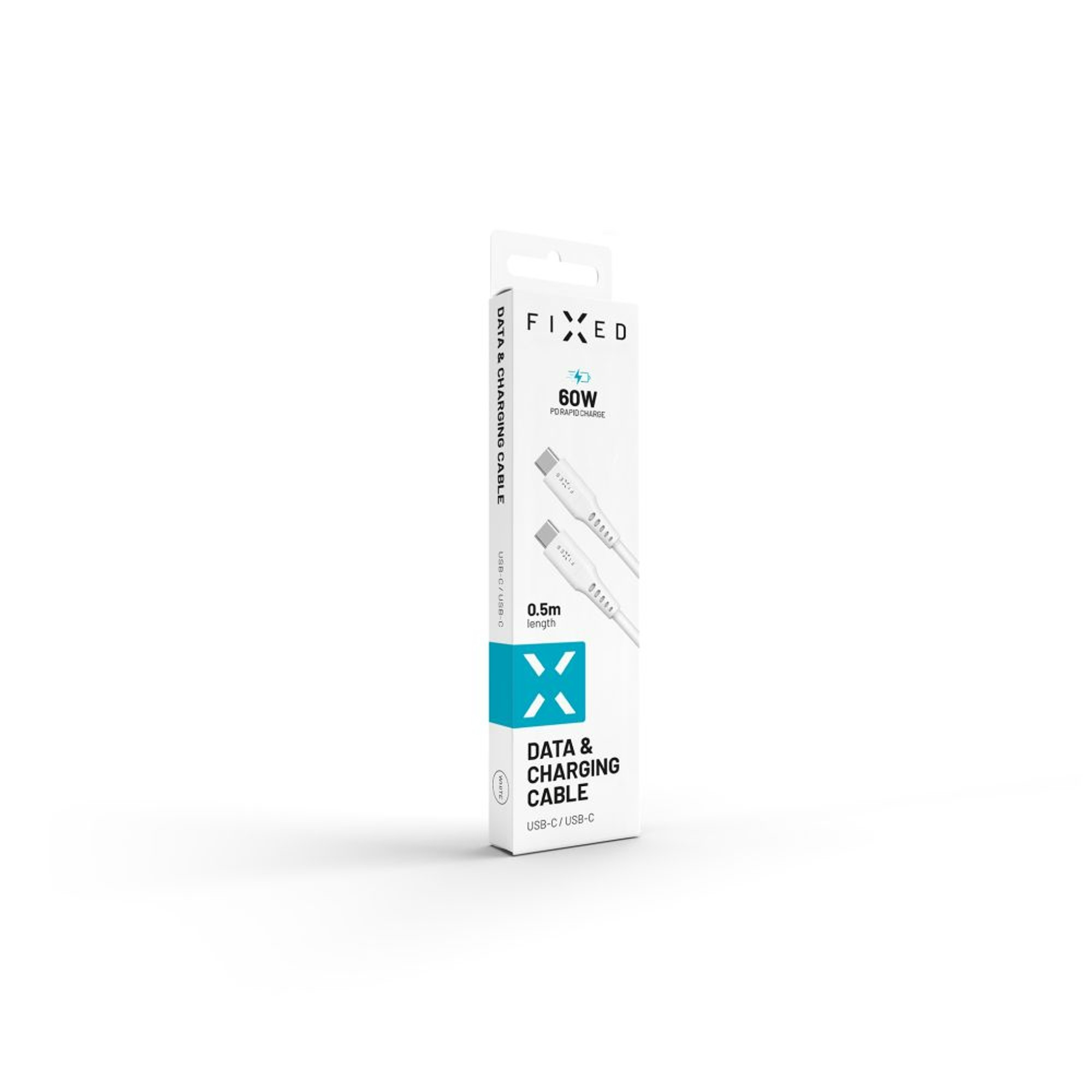 Weißes Daten- und Ladekabel in einer vertikalen Box. Die Box hat den Markennamen und Kabeldetails.