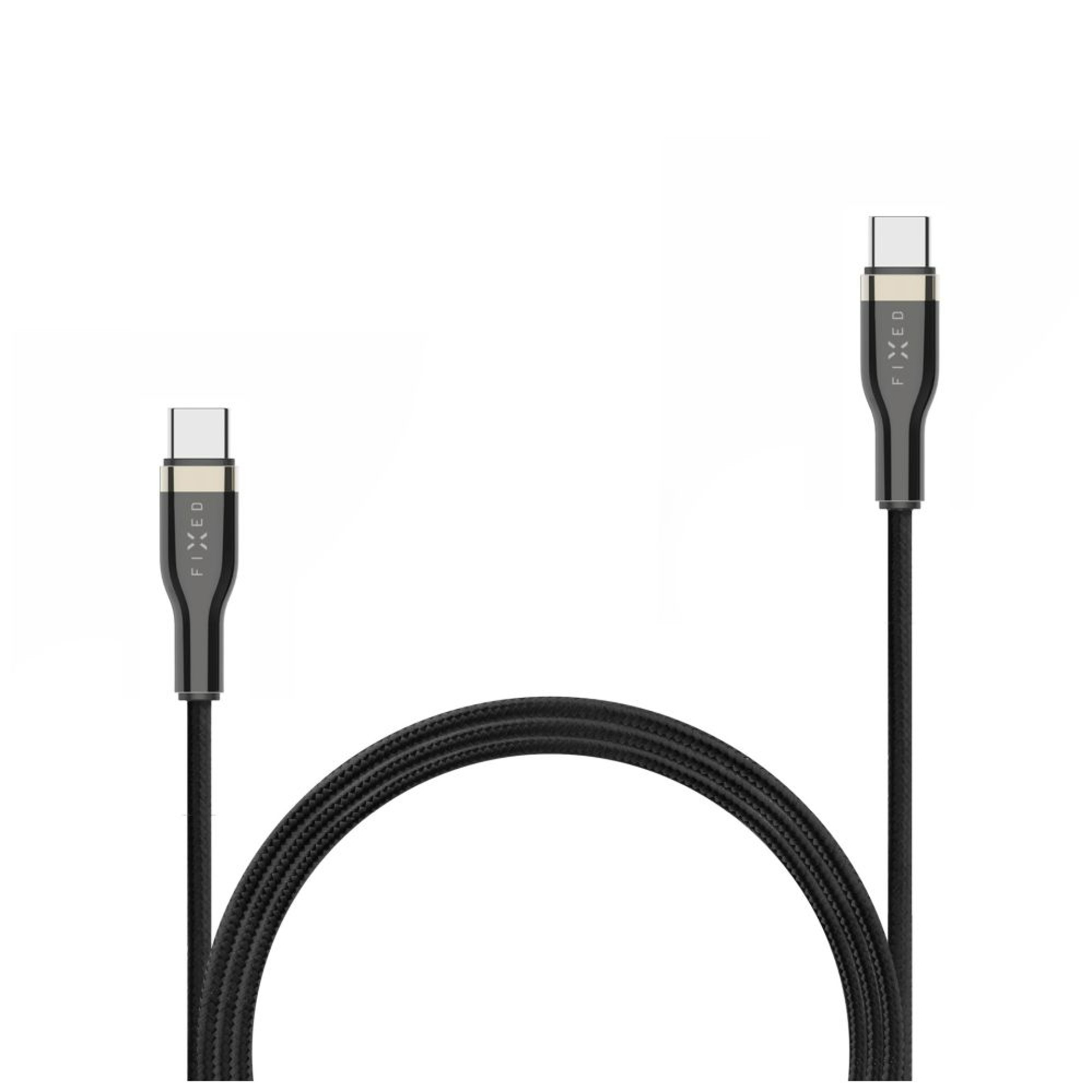 Zwei schwarze USB-C-Kabel auf weißem Hintergrund. Der Markenname FIXED steht auf den Steckern.