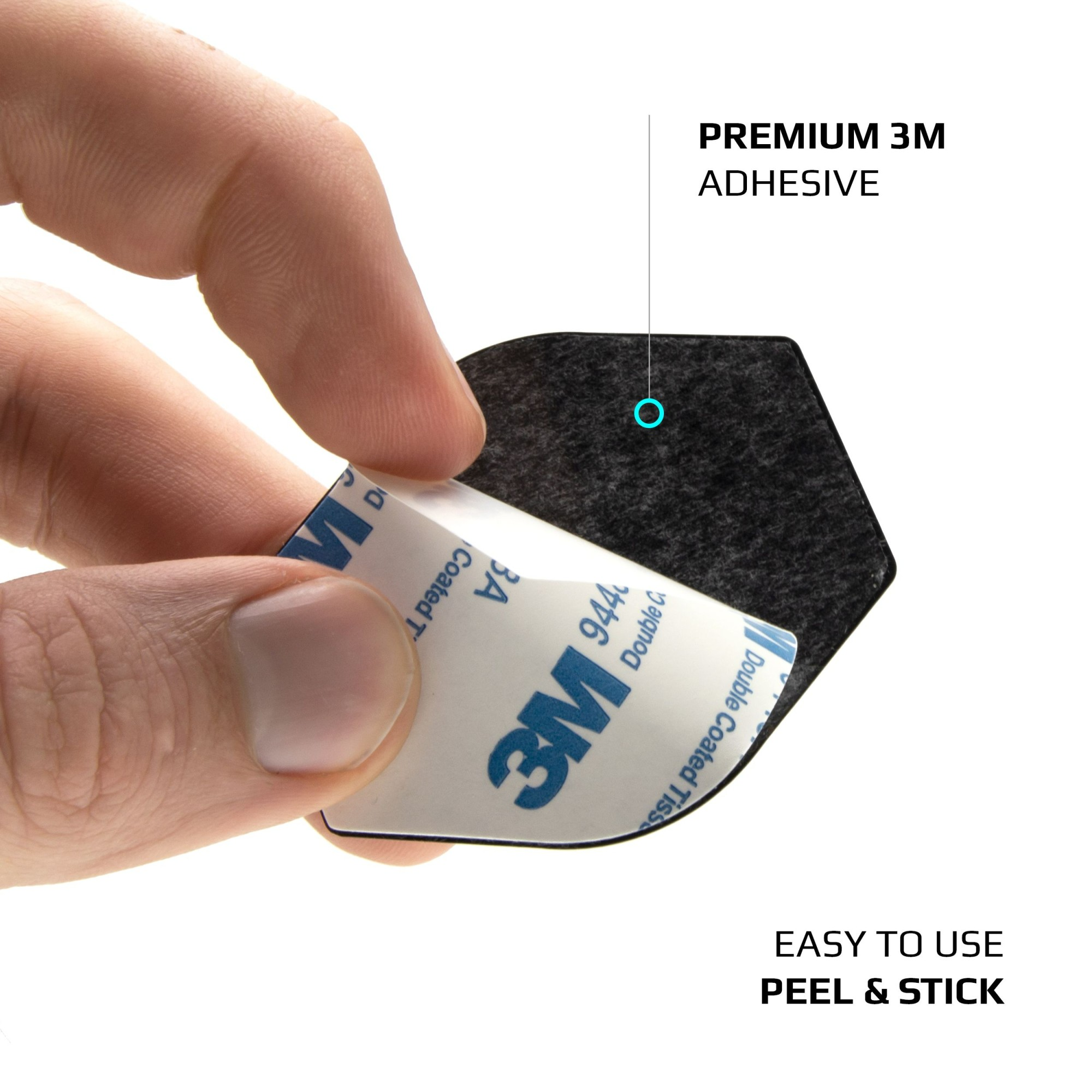 Hand, die ein 3M-Klebepad abzieht. Text: 'Premium 3M Adhesive' und 'Easy to use Peel & Stick'.