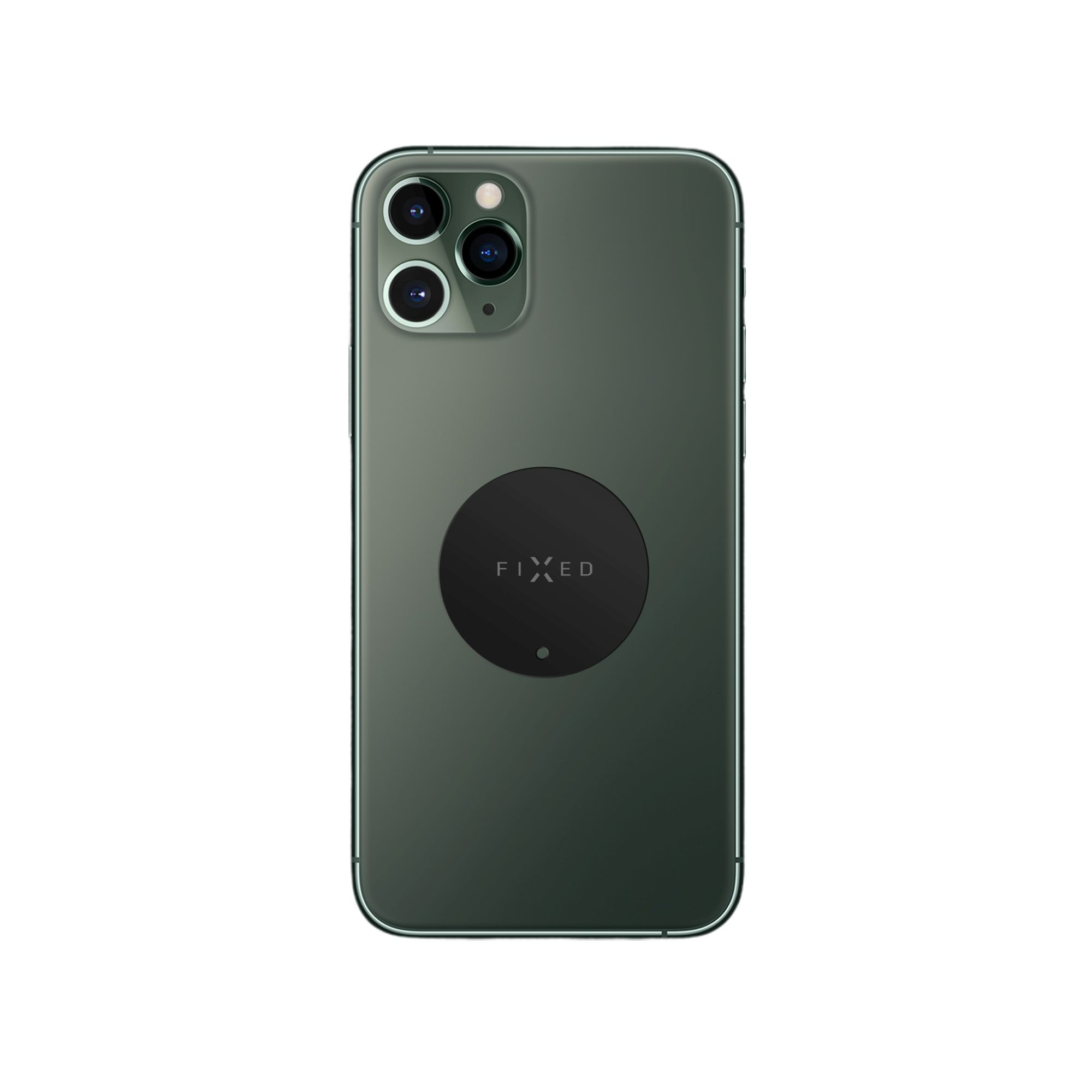 Dunkelgrünes Telefon mit schwarzem, kreisförmigem Zubehör auf der Rückseite.