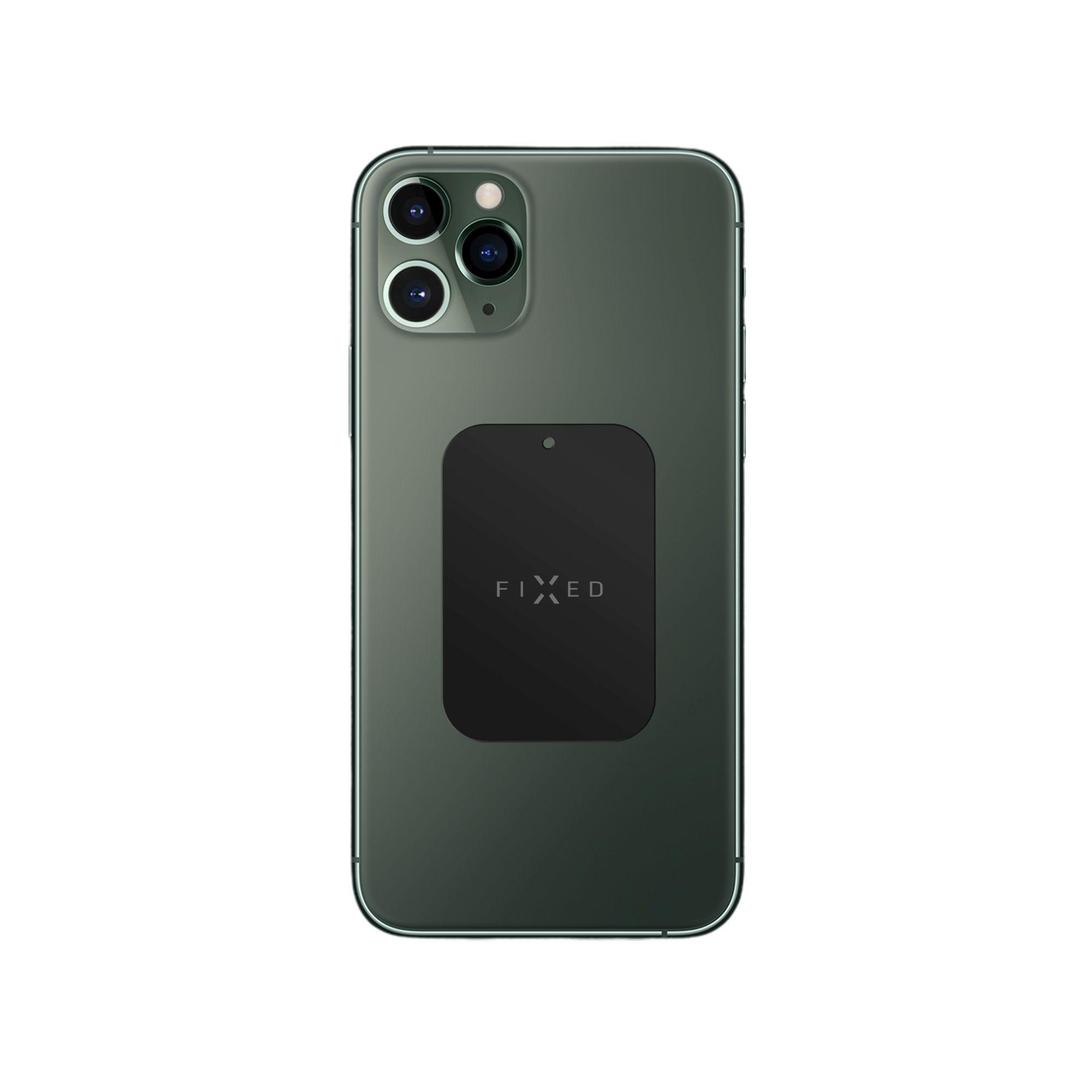 Dunkelgrünes Telefon mit einem schwarzen Magneten auf der Rückseite. Das Telefon befindet sich auf weißem Hintergrund.