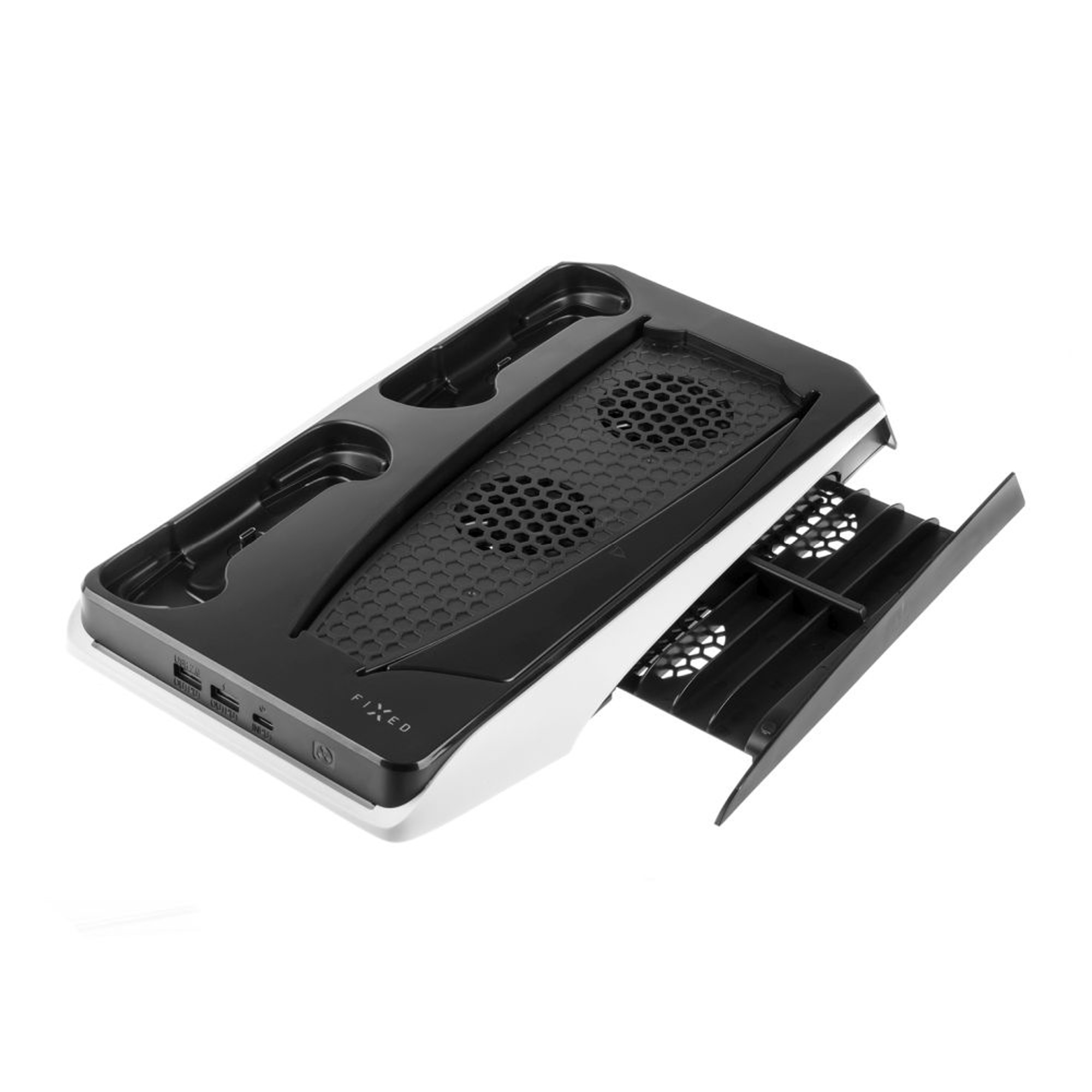 Un supporto di raffreddamento bianco e nero per una console. Il supporto ha prese d'aria e l'etichetta FIXED.