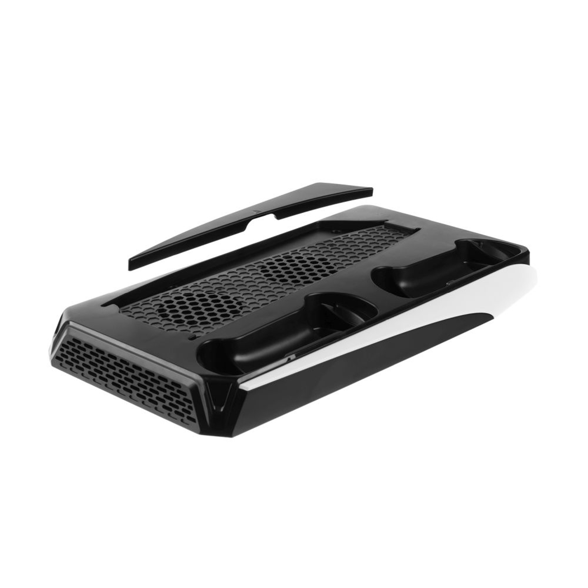 Un supporto di raffreddamento PS5 nero e bianco, con una ventola e spazio per i controller.