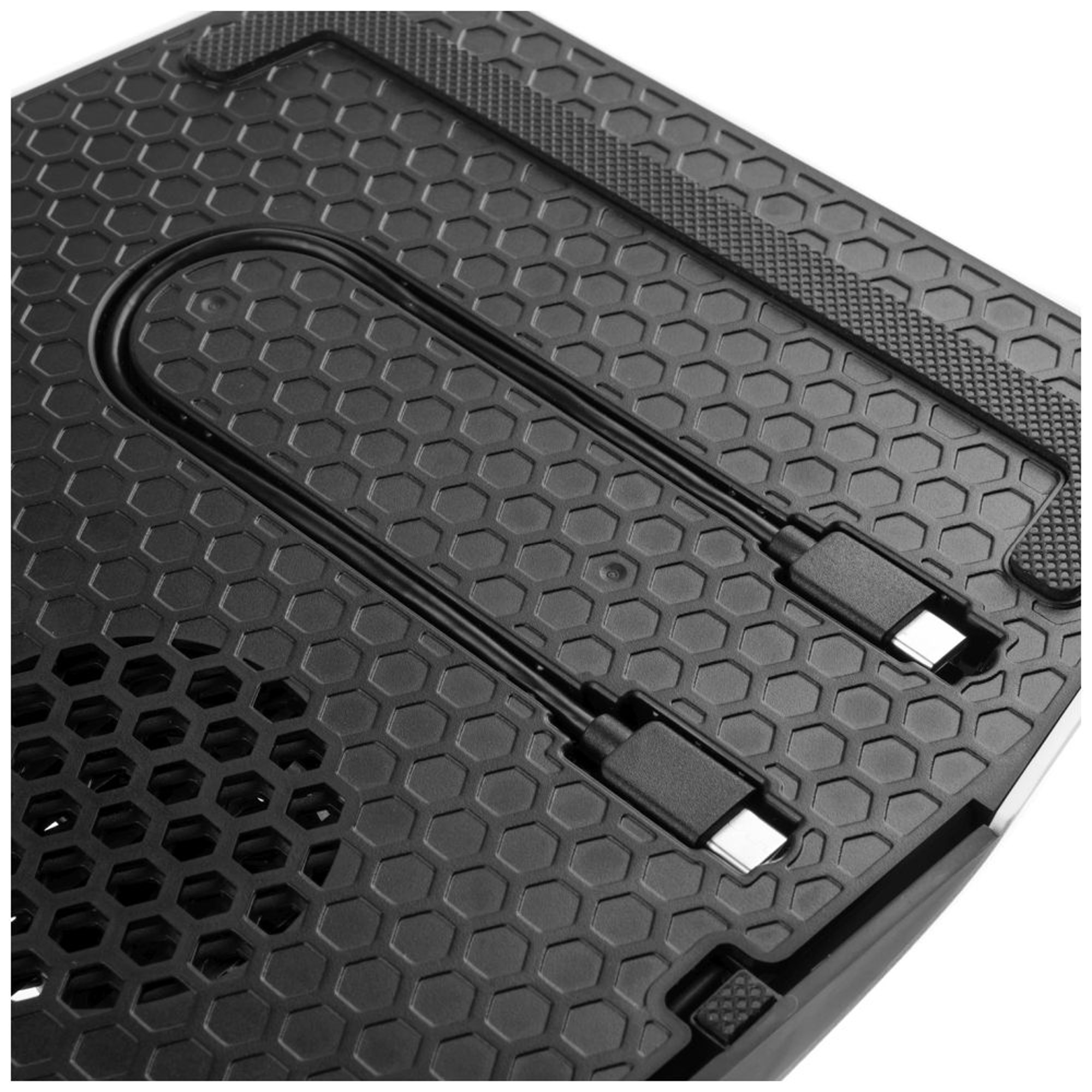 Tappetino di raffreddamento per laptop nero con motivo a nido d'ape e due cavi USB.