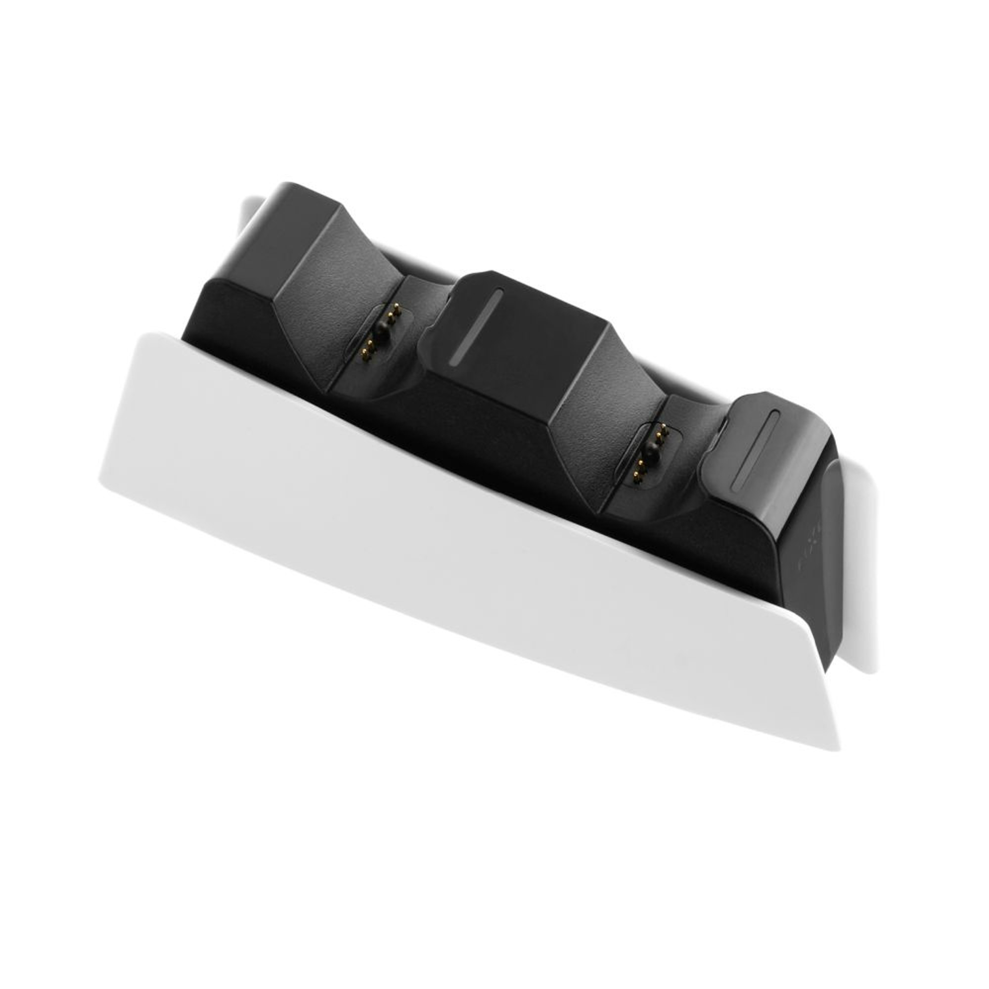 Supporto di ricarica bianco e nero per due controller PS5, angolato su una superficie bianca.