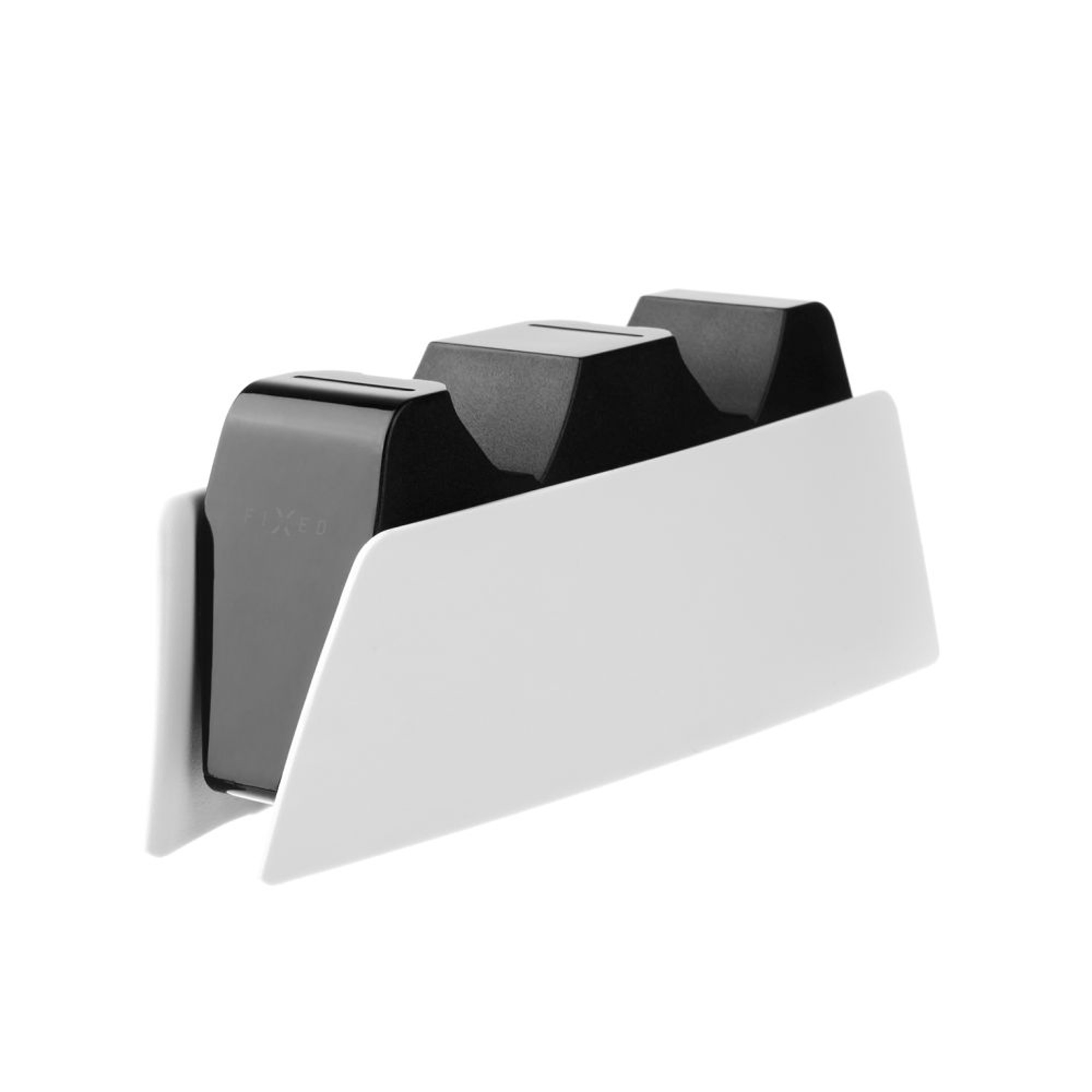 Supporto per controller Playstation 5 bianco e nero. Logo fisso sul supporto.