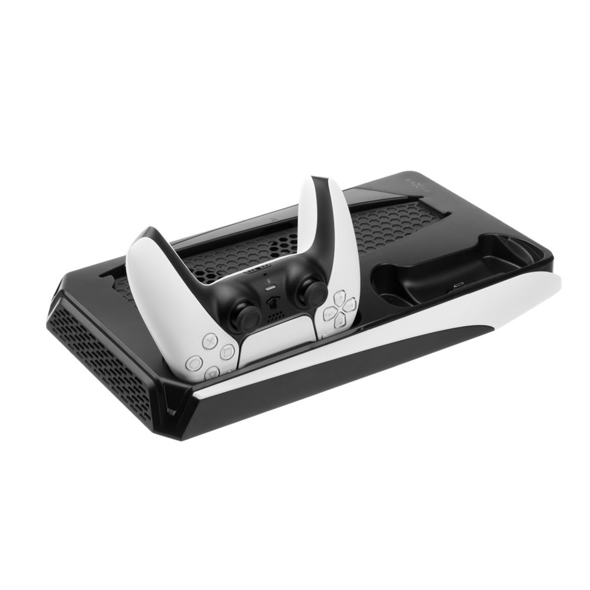 Controller Playstation 5 bianco e nero su stazione di ricarica nera.