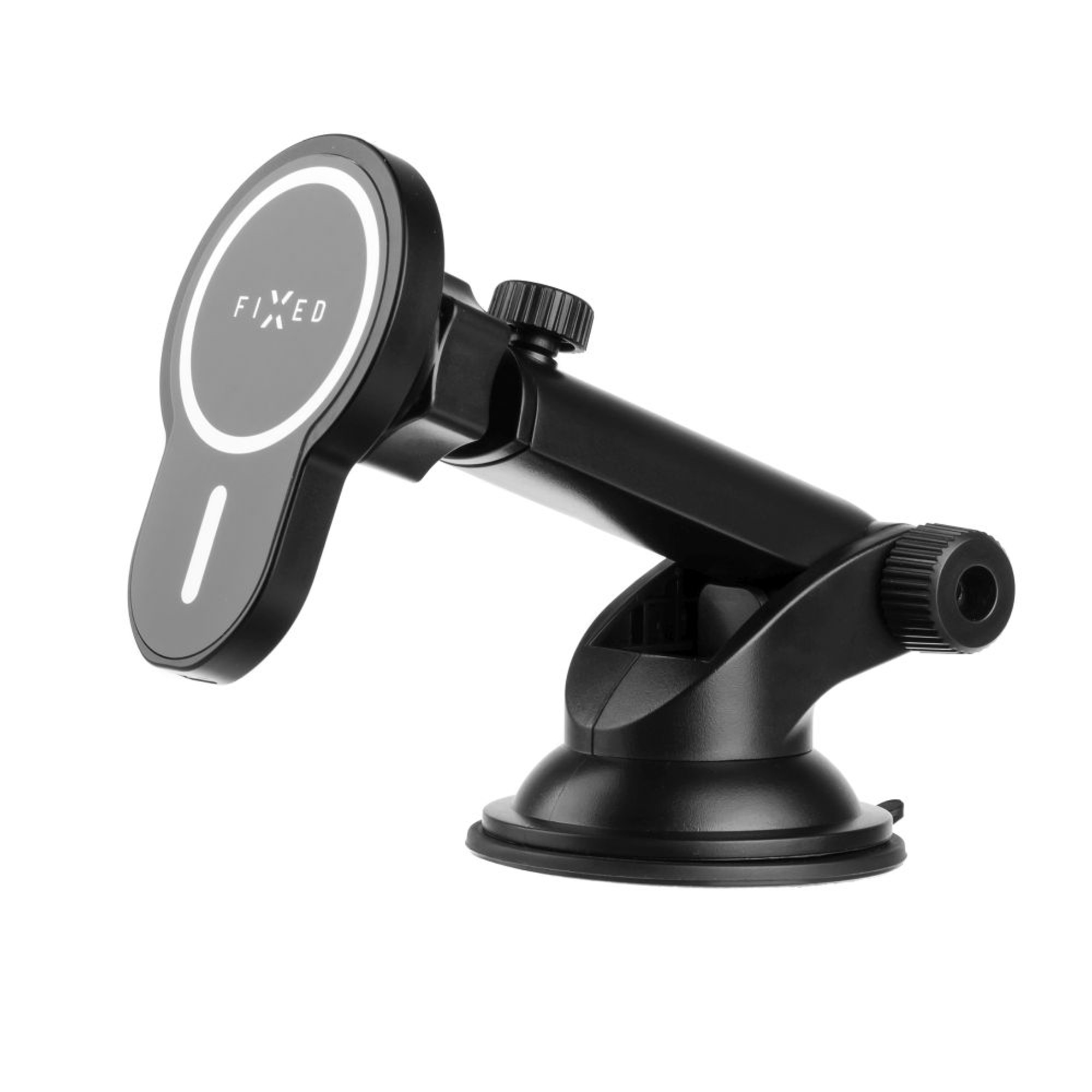 Schwarze Autotelefonhalterung. Verfügt über einen Magnet-Halter und einen Saugnapf.