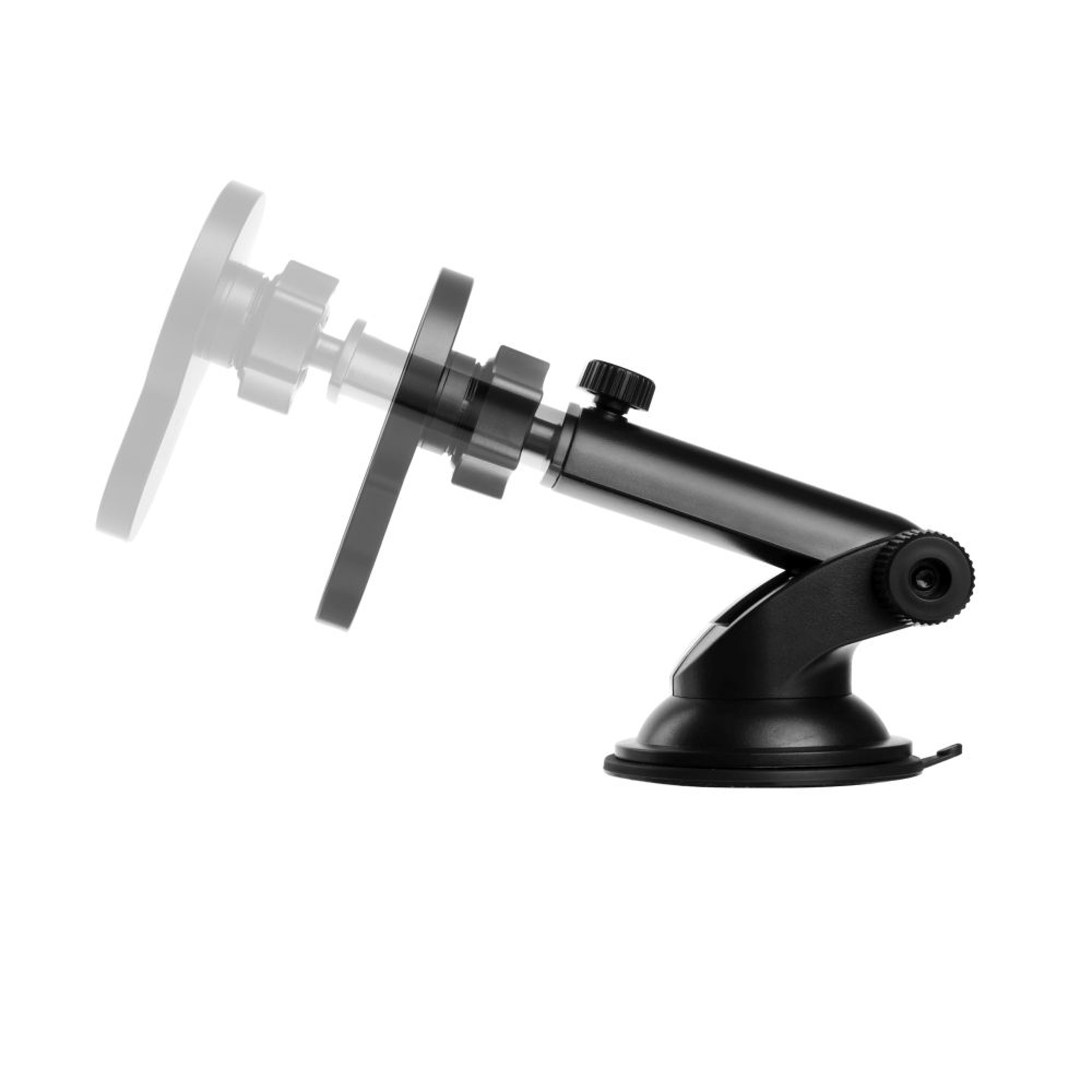 Schwarzer Autotelefonhalter mit Saugnapf, verstellbarem Arm und kleinem Knopf.