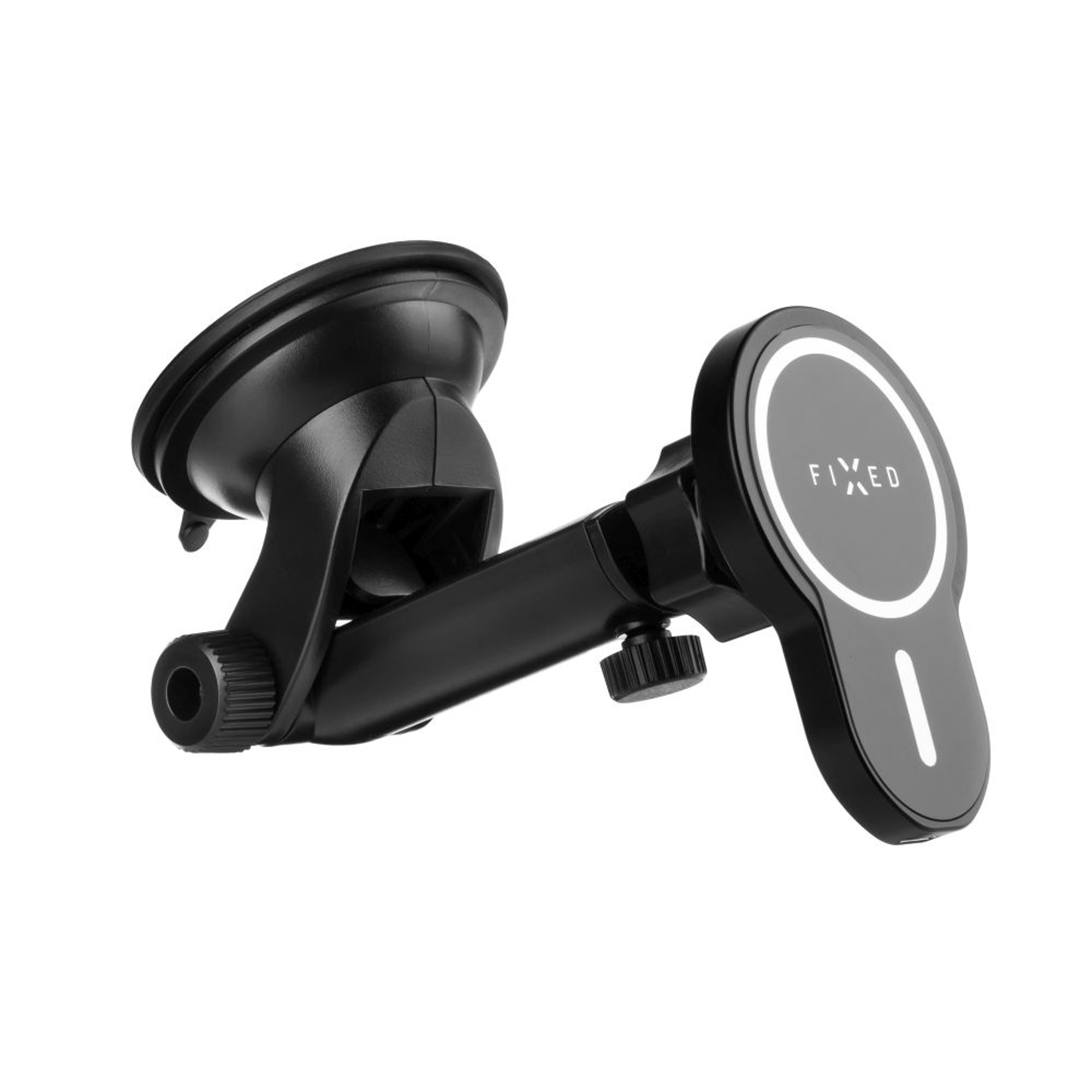 Schwarze Autotelefonhalterung mit Saugnapfbasis und verstellbarem Arm.