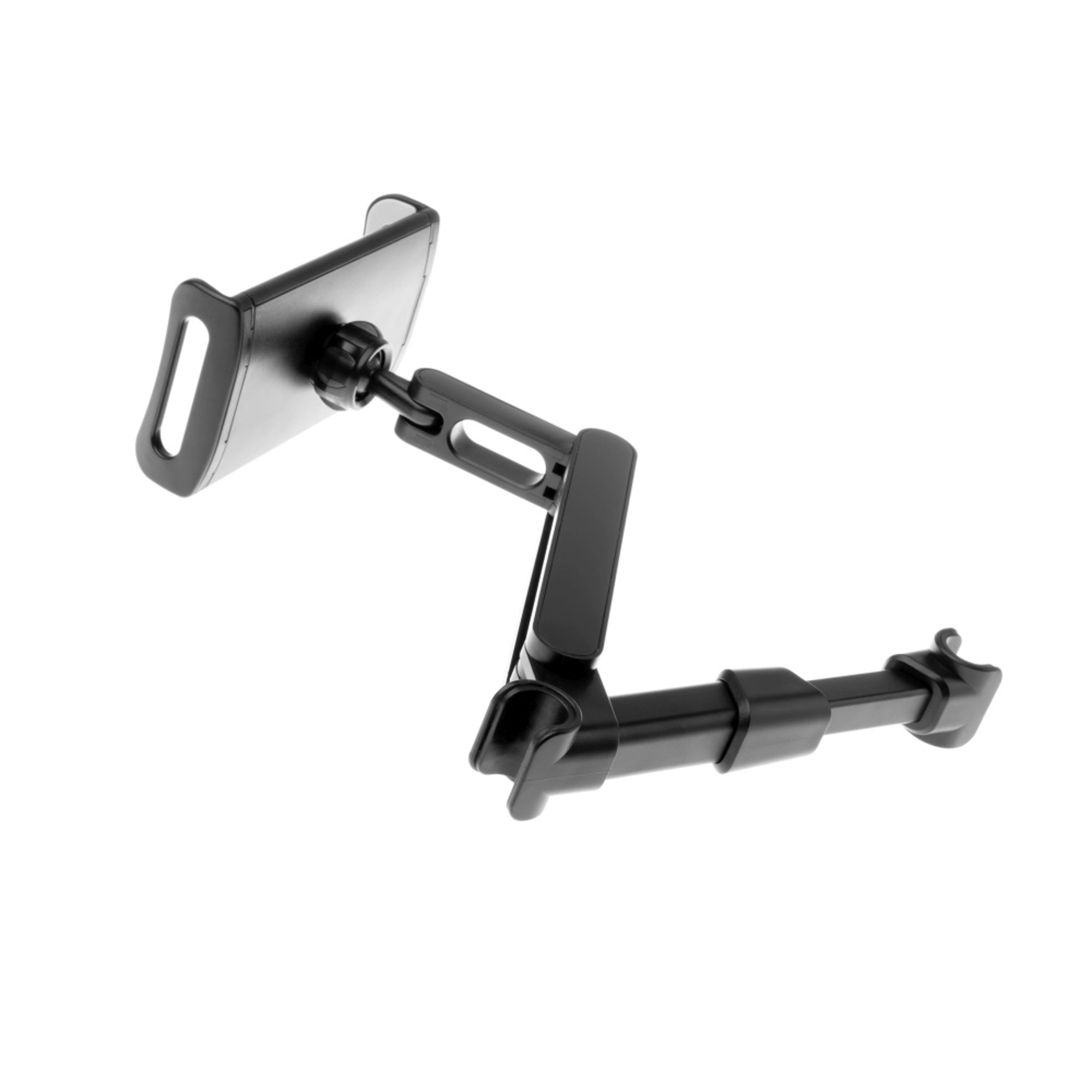 Ein schwarzer Telefonhalter für Autos, befestigt an einem flexiblen Arm.