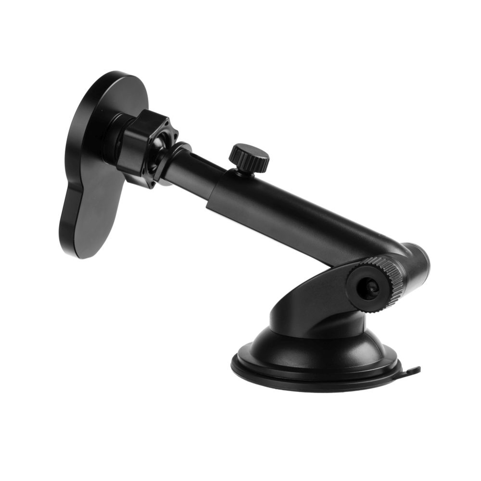 Schwarze Autotelefonhalterung mit Saugnapf. Verstellbarer Arm und schwarze Basis.