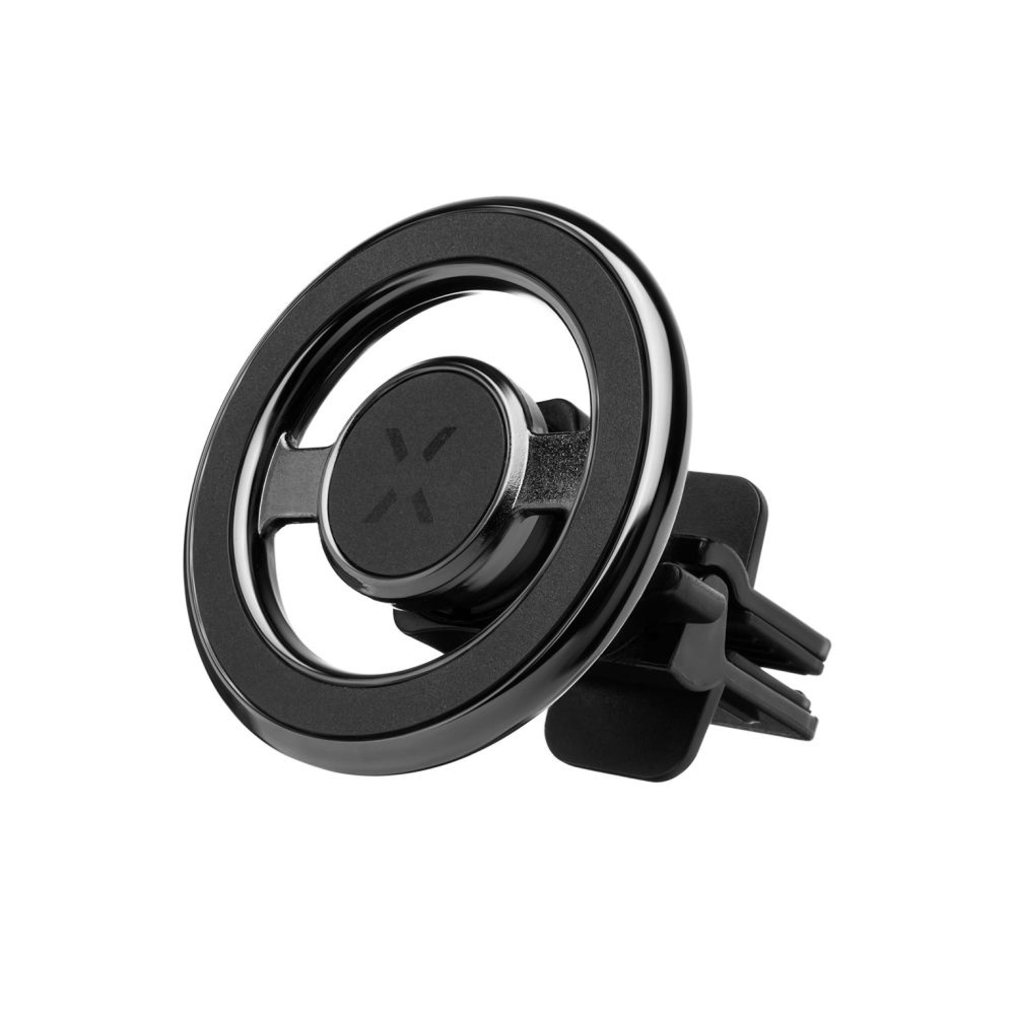 Schwarze Telefonhalterung für die Lüftung im Auto, rundes Design, schwarzer Ring und Mitte.