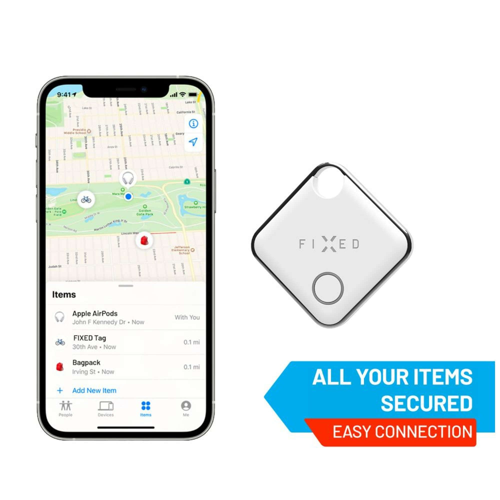 Ein Smartphone und ein weißer quadratischer Tracker mit dem Text 'ALL YOUR ITEMS SECURED'.