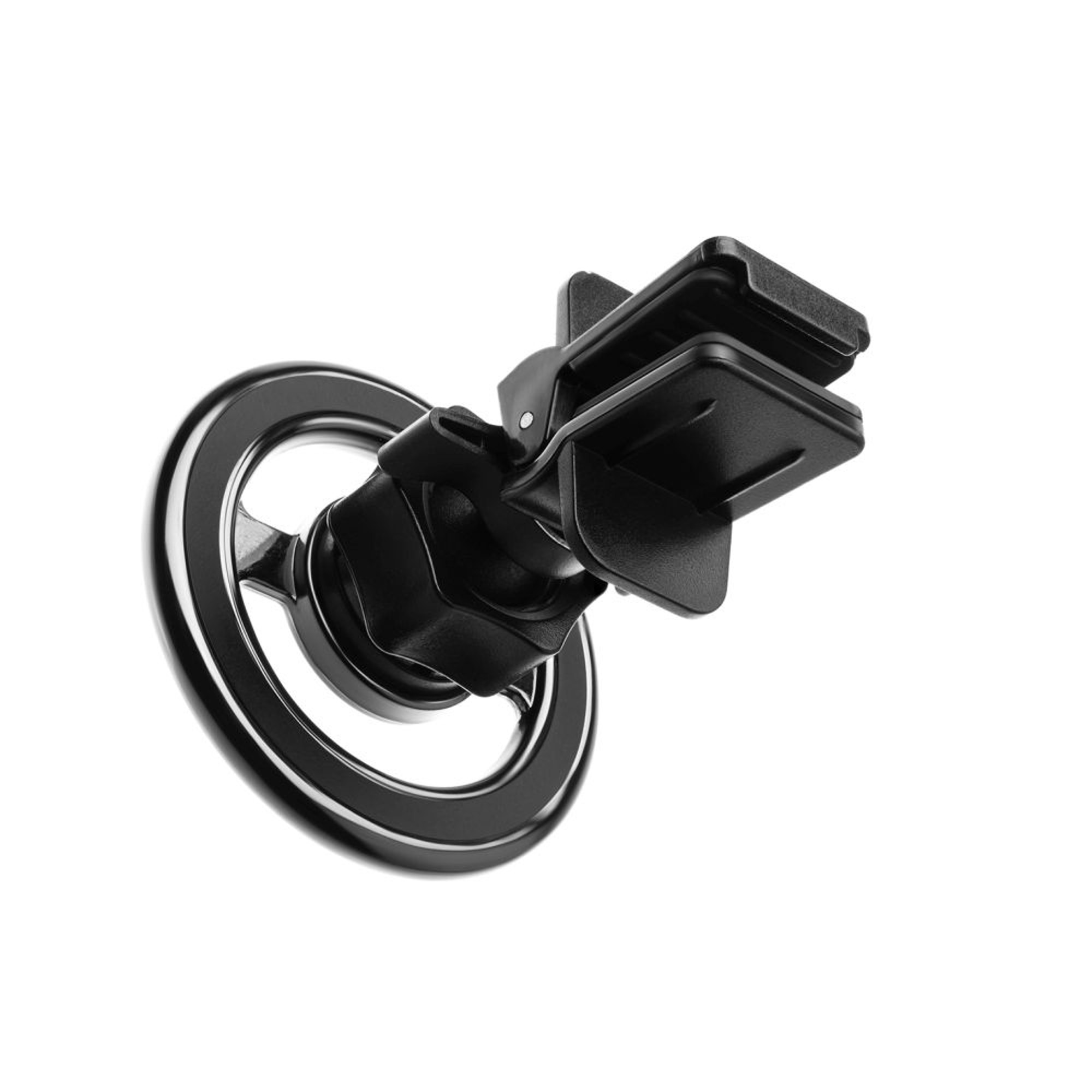 Schwarzer Autotelefonhalter, kreisförmige Basis und verstellbare Telefonklemme.