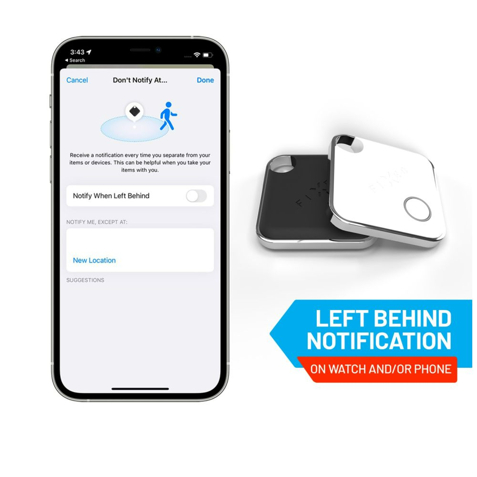 Smartphone mit App-Bildschirm. Die App ist für Benachrichtigungen. Zwei weiße Tracker werden gezeigt.