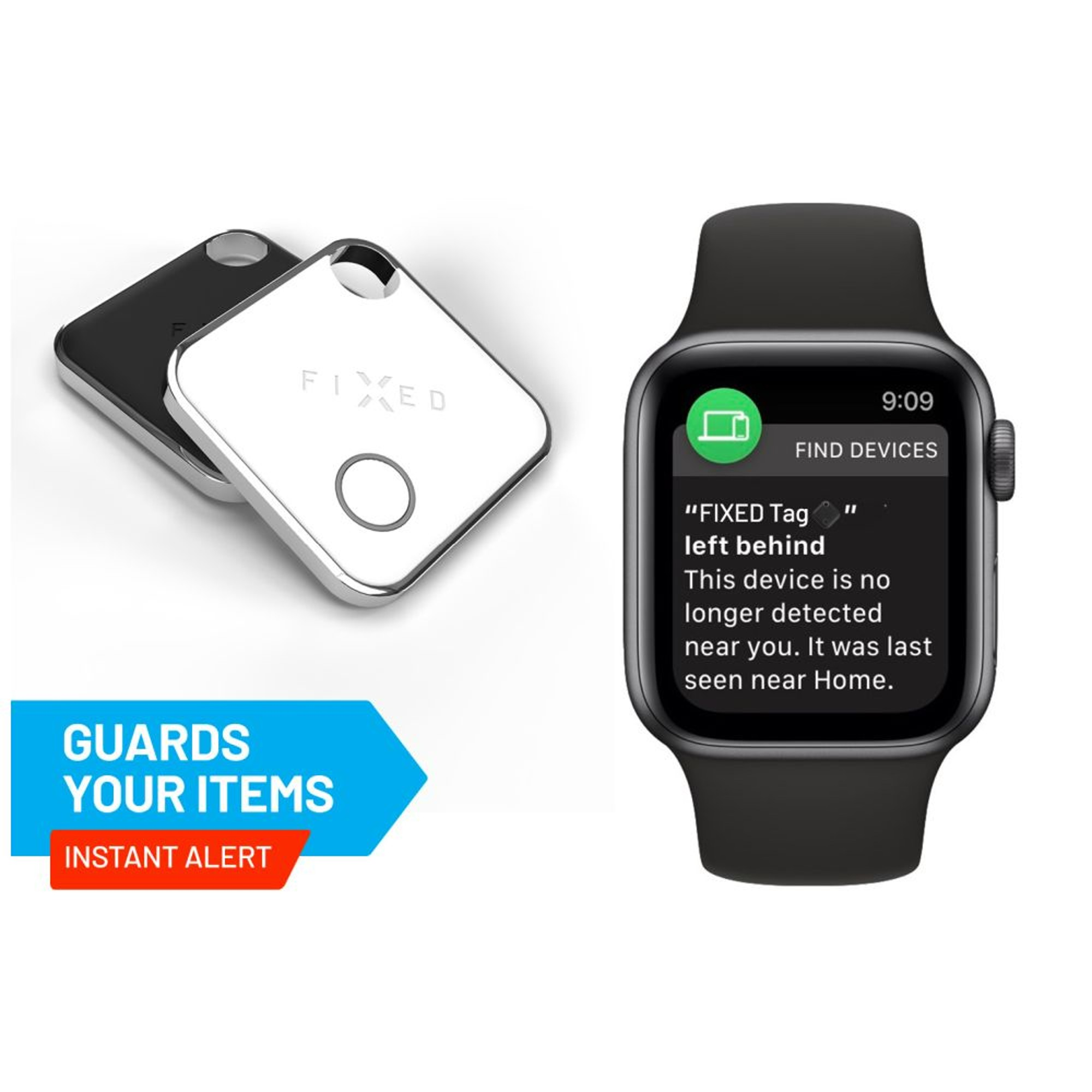 Zwei Ortungsgeräte und eine Smartwatch, die anzeigt, dass das Gerät zurückgelassen wurde.