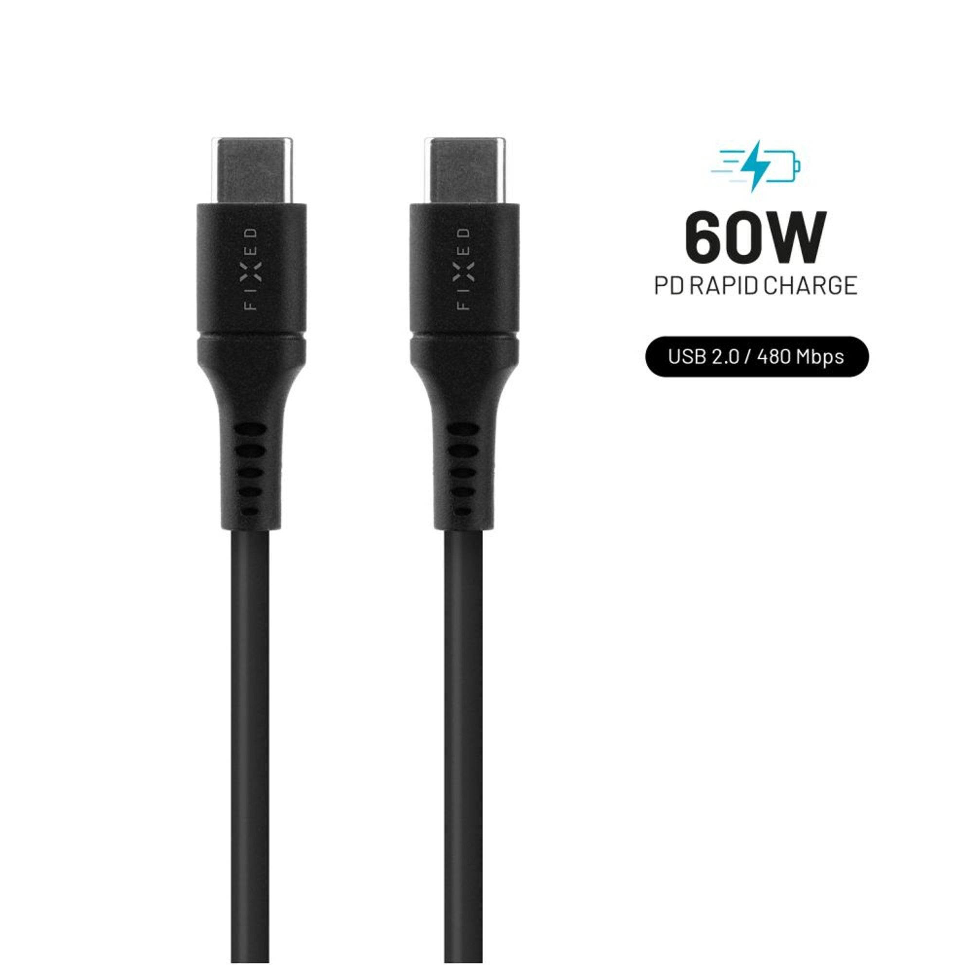Zwei schwarze USB-C-Kabel mit 60W-Ladeetikett. Der Markenname lautet FIXED.