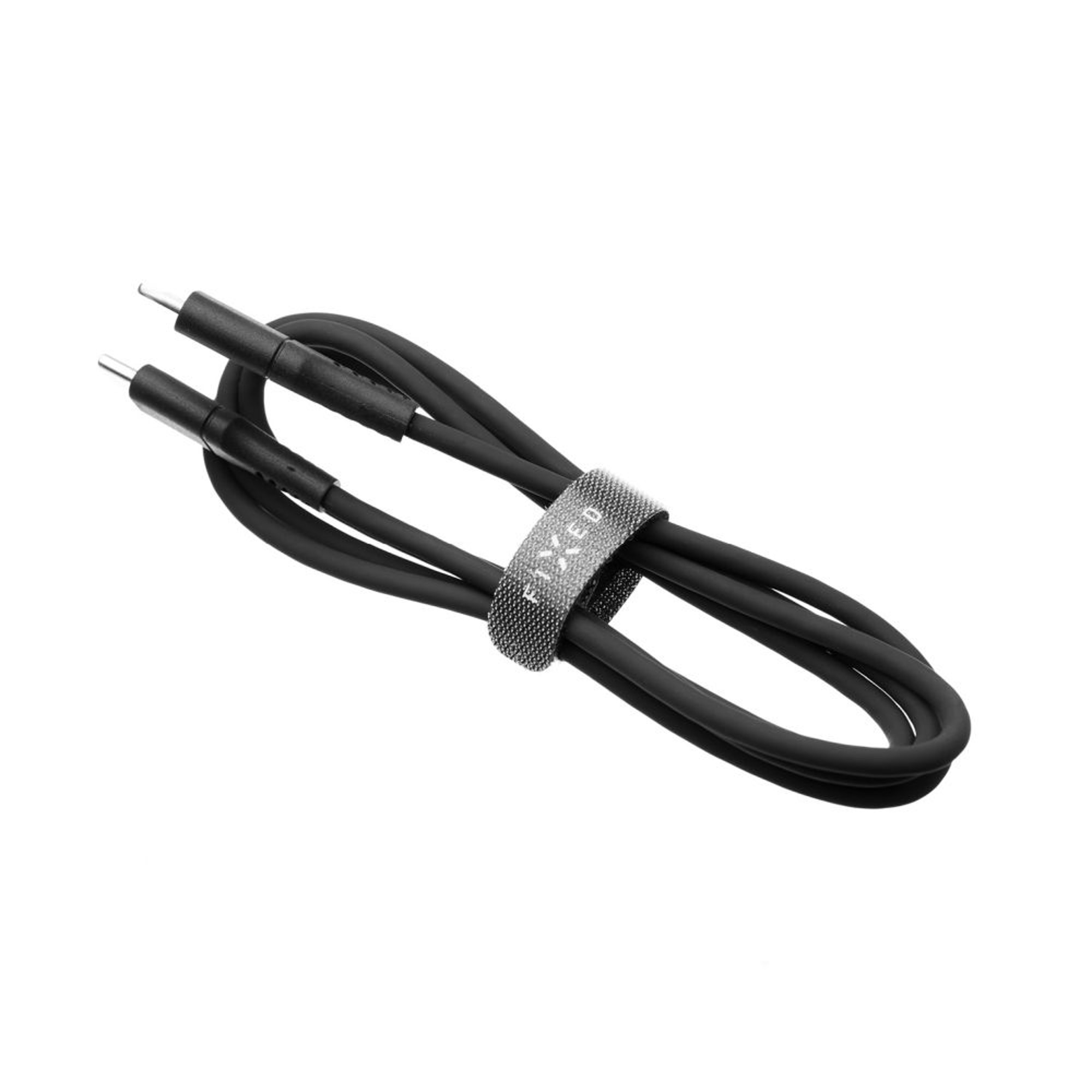 Schwarzes Ladekabel mit Klettverschluss. Auf dem Riemen steht „PIXU“.