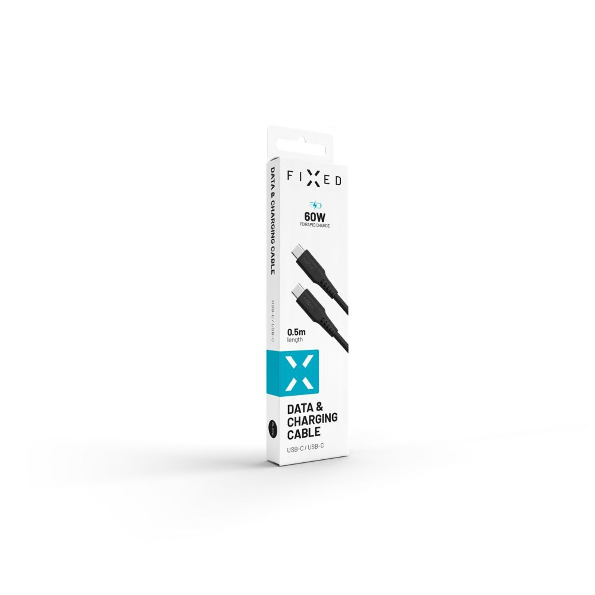 Eine weiß-schwarze Ladekabelverpackung, die das Kabel und das Markenlogo zeigt.