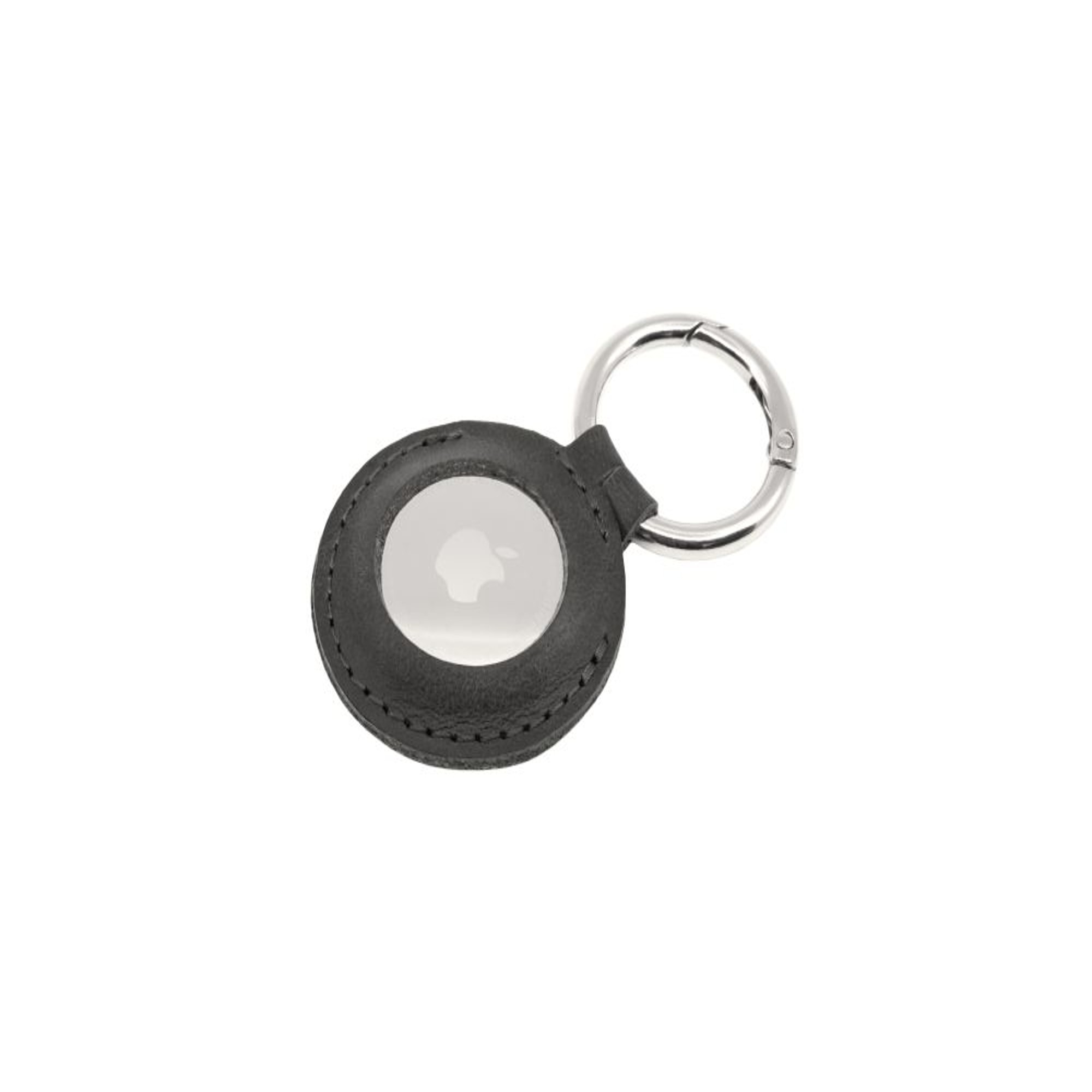 Ein schwarzes Apple AirTag in einem schwarzen Lederetui mit silbernem Schlüsselring, platziert auf weißem Untergrund.