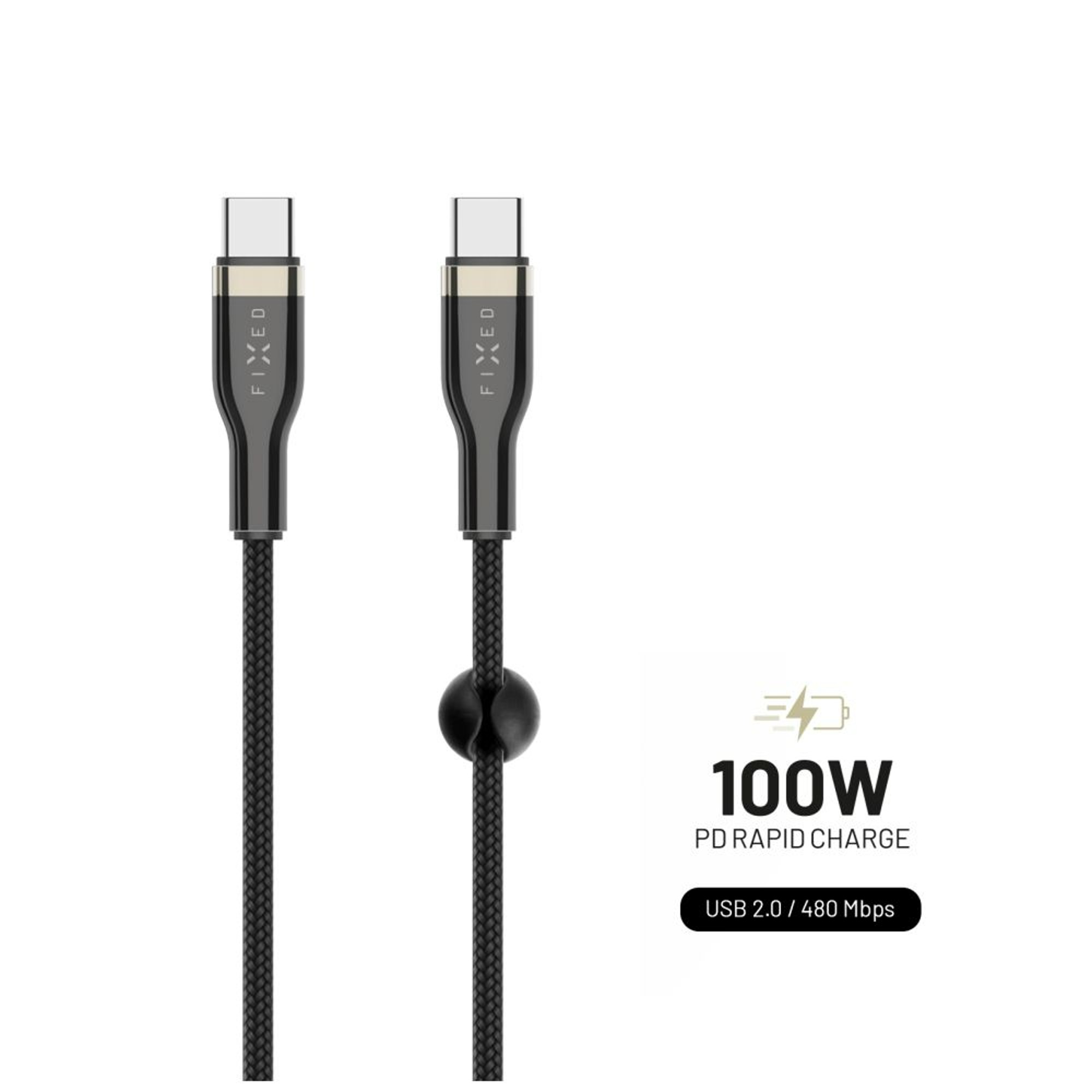 Zwei schwarze und graue USB-C-Kabel mit einem Kabelorganisator und Text: 100W PD Rapid Charge, USB 2.0 / 480 Mbps.
