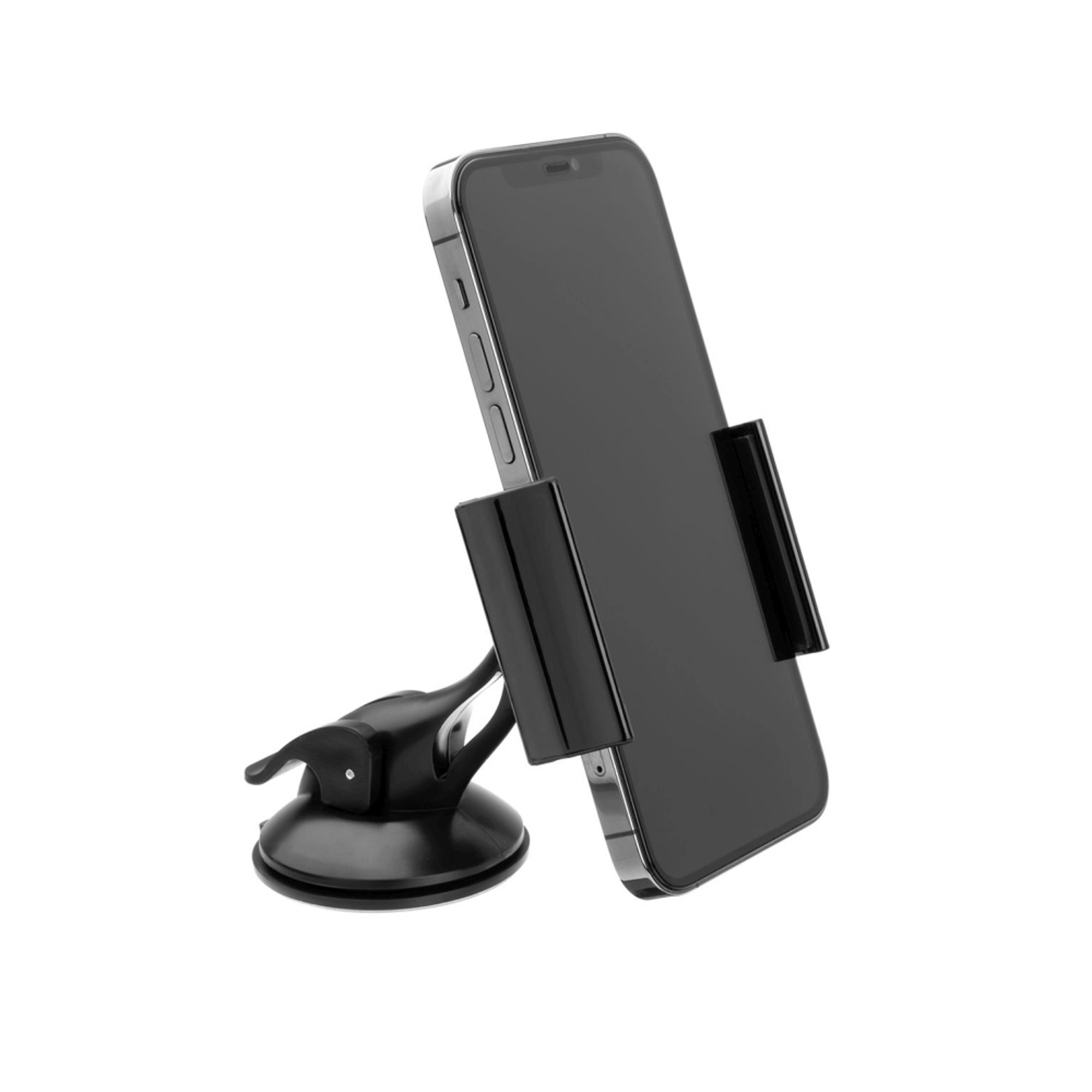 Ein schwarzes Telefon wird von einer Autohalterung gehalten, die an einem Saugnapf befestigt ist, isoliert auf Weiß.