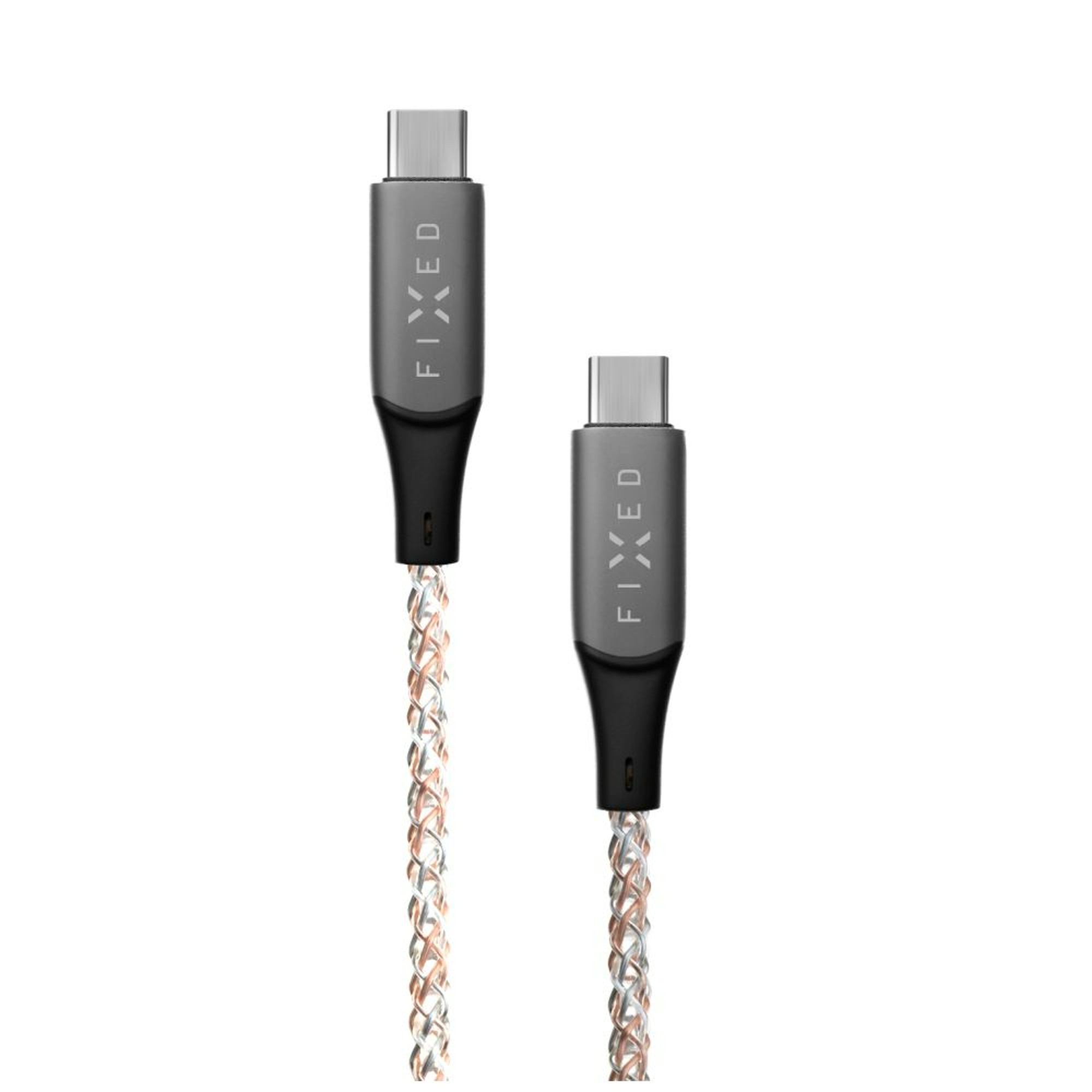 Zwei silberne und schwarze USB-C-Kabel. Sie haben geflochtene Drähte und befinden sich auf weißem Hintergrund.