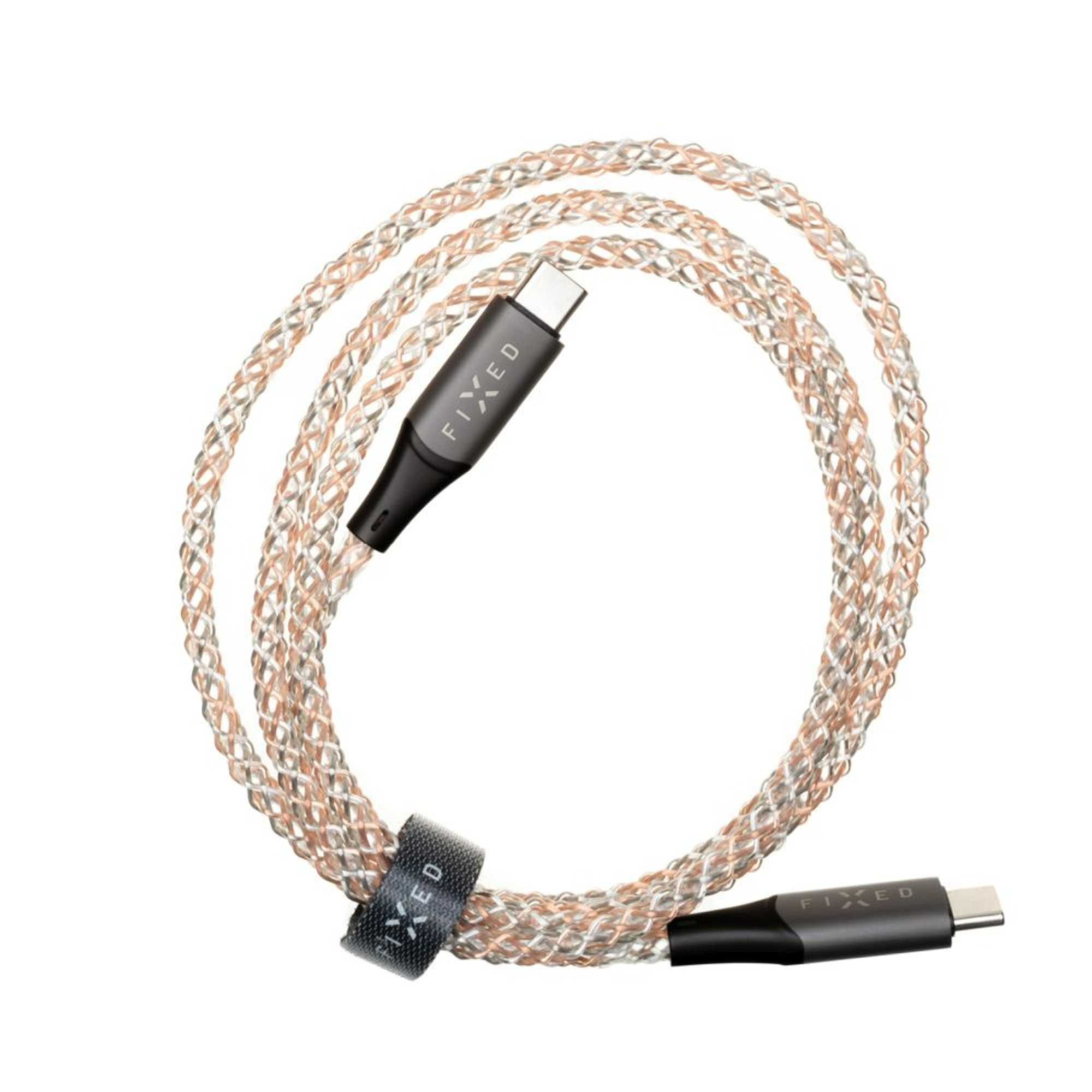 Geflochtenes USB-C-Ladekabel mit schwarzen Steckern und einem schwarzen Riemen. Das Kabel ist aufgerollt.