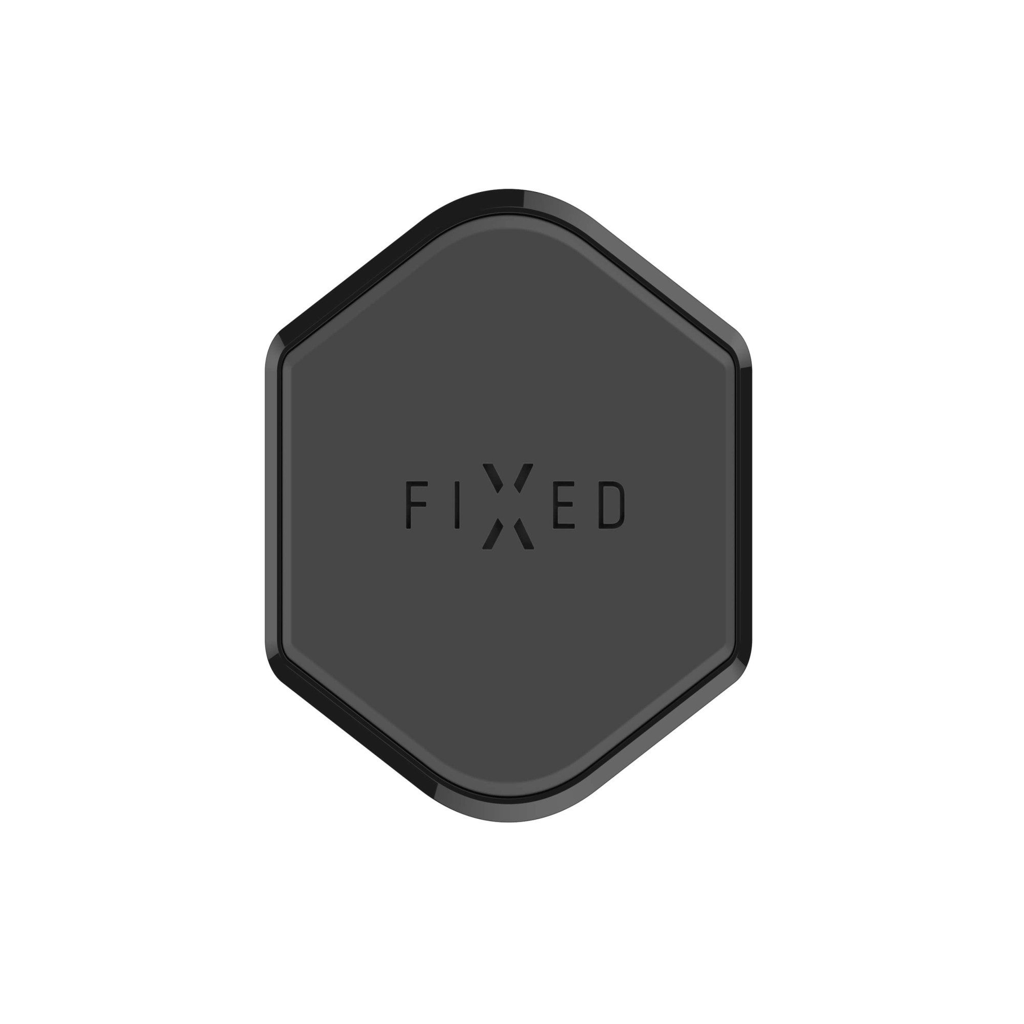 Schwarzer sechseckiger Telefonhalter mit dem Text 'FIXED'.