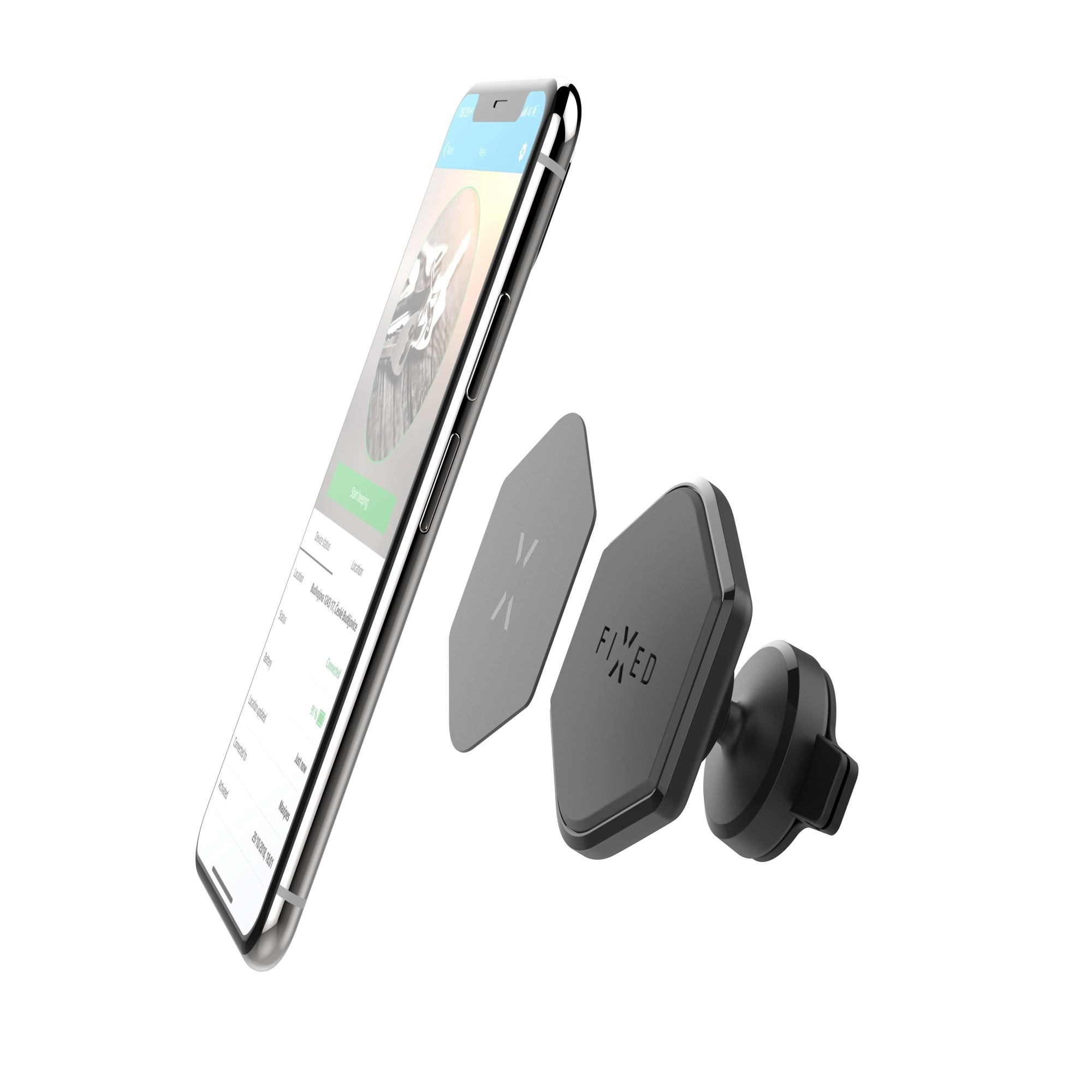 Handy mit App, grauer Telefonhalter und zwei graue Platten auf weißem Grund.