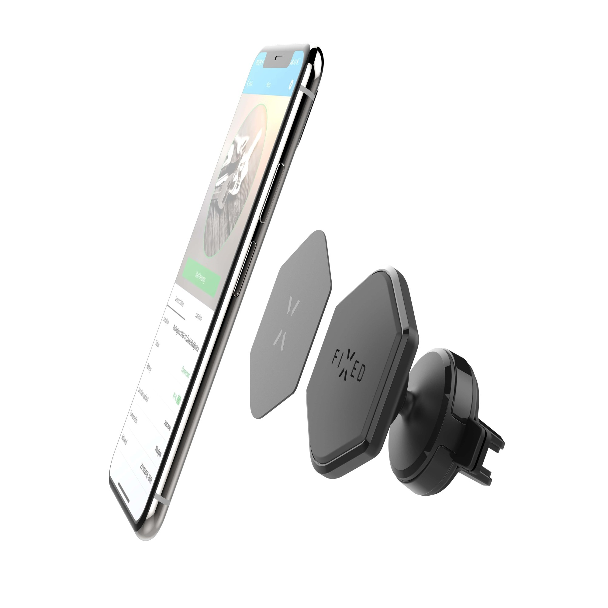 Telefon und Autohalterung, mit einem Telefon, das eine App zeigt, und getrennten Teilen.