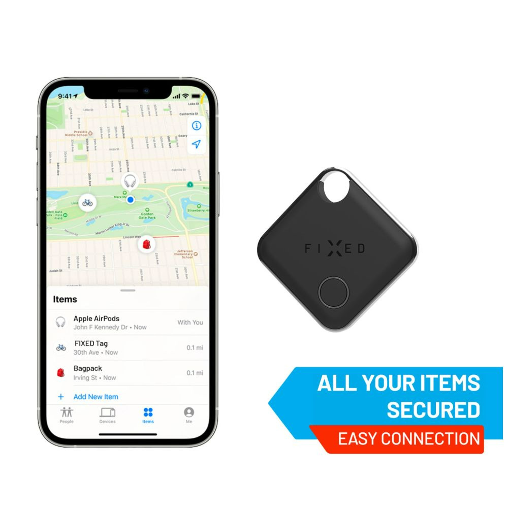 Ein schwarzer Gegenstands-Tracker und ein Telefon, das eine App mit Karte und Artikelliste anzeigt.