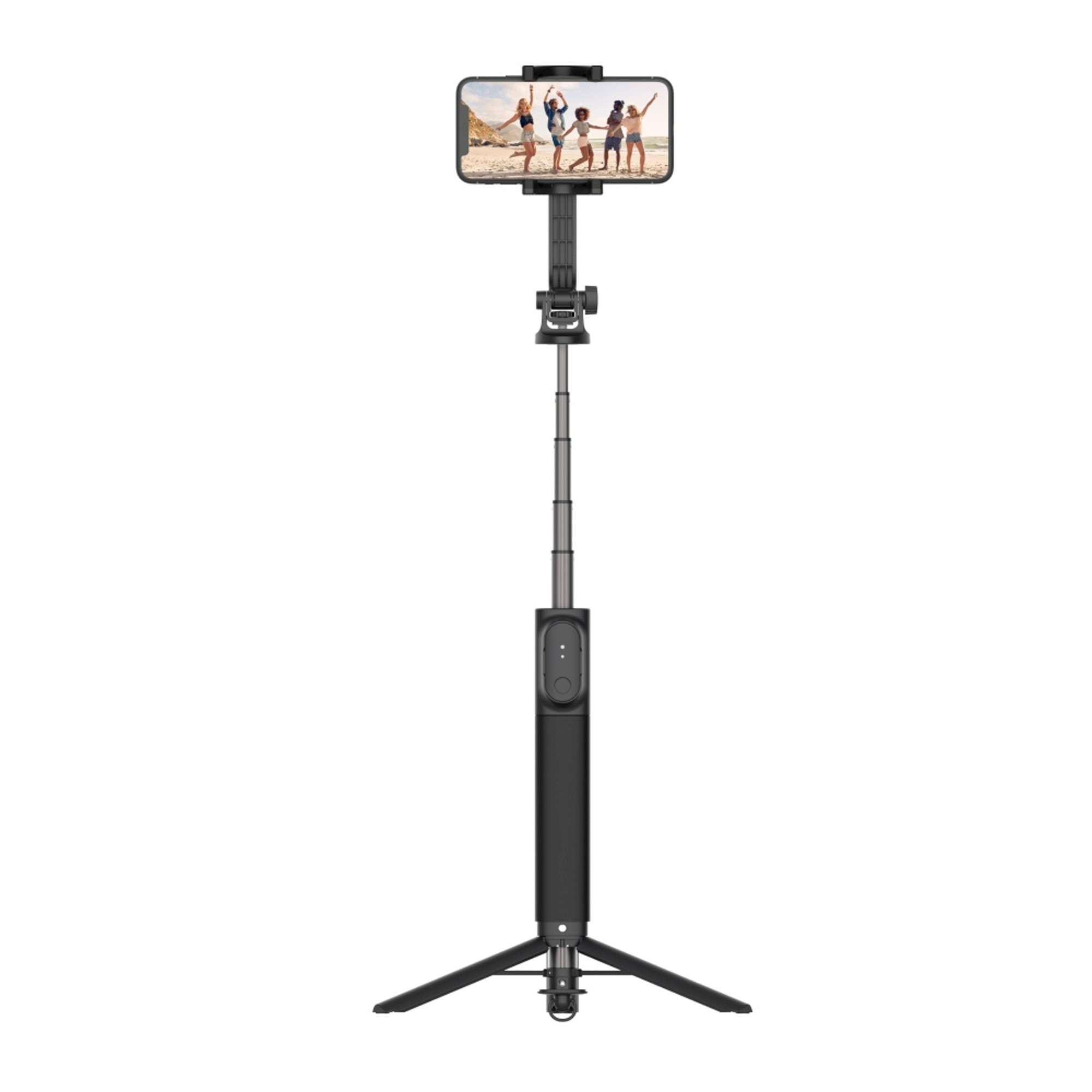 Ein schwarzer Selfie-Stick mit einem Smartphone, das Menschen an einem Strand zeigt.