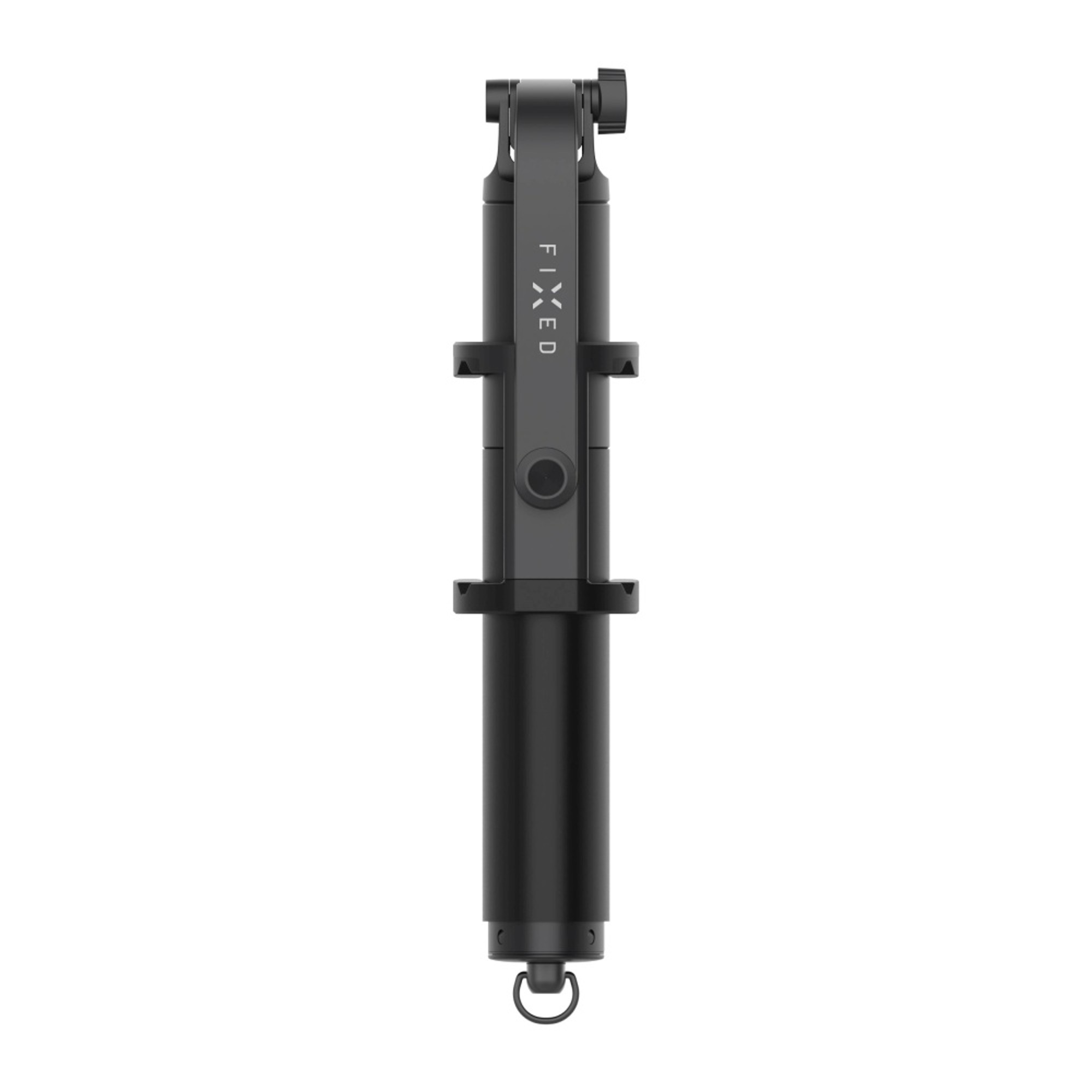 Schwarzer Selfie-Stick, vollständig ausgefahren. Es hat eine Telefonhalterung und einen Knopf. Weißer Hintergrund.