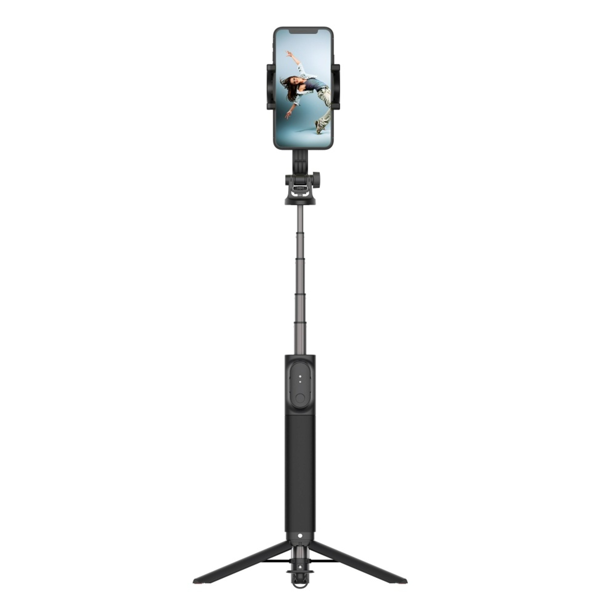 Schwarzes Selfie-Stick-Stativ mit einem Telefon, das eine tanzende Frau auf dem Bildschirm hält.