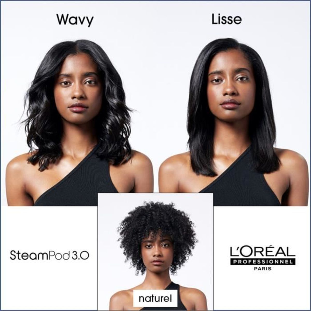 Imagen que muestra el cabello de mujeres. Cabello ondulado y liso. Texto 'SteamPod 3.0' y 'L'Oréal Professionnel'.