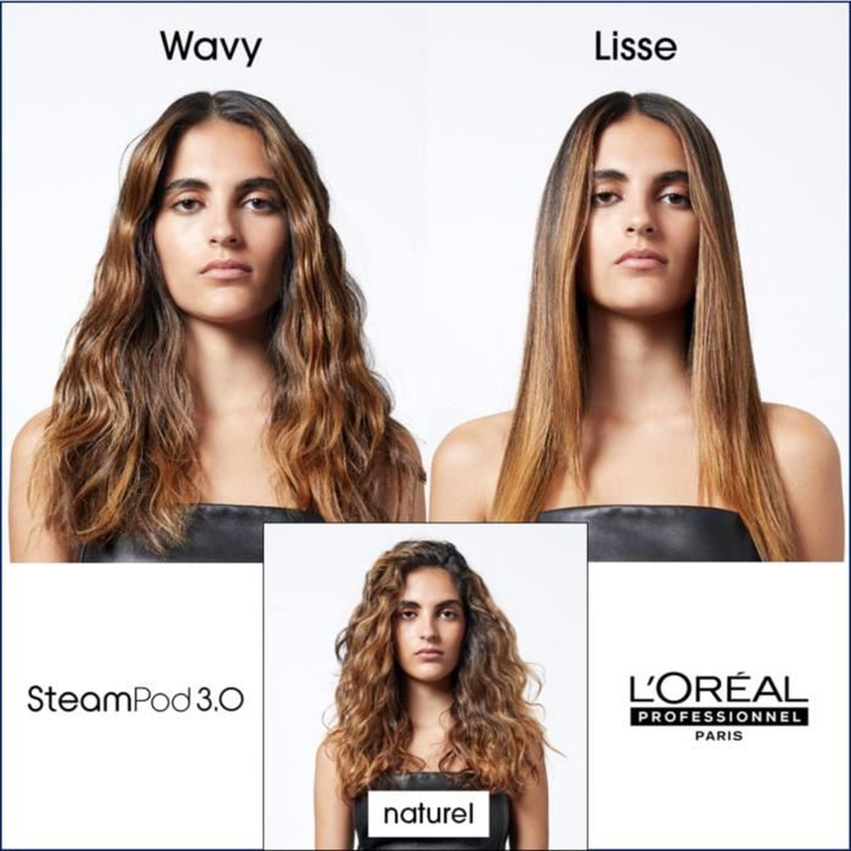 Dos mujeres con cabello ondulado y liso. Exhibición del producto SteamPod 3.0 y logotipo de L'Oréal.