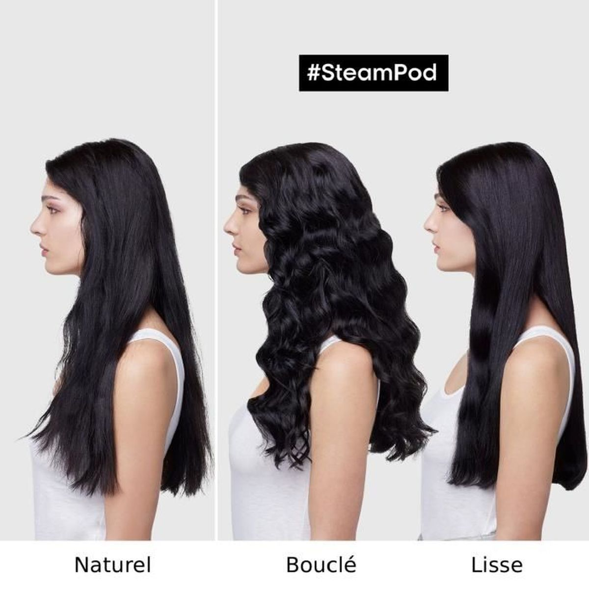 Tres mujeres con cabello negro, mostrando diferentes estilos. Se muestran estilos de cabello natural, ondulado y liso.