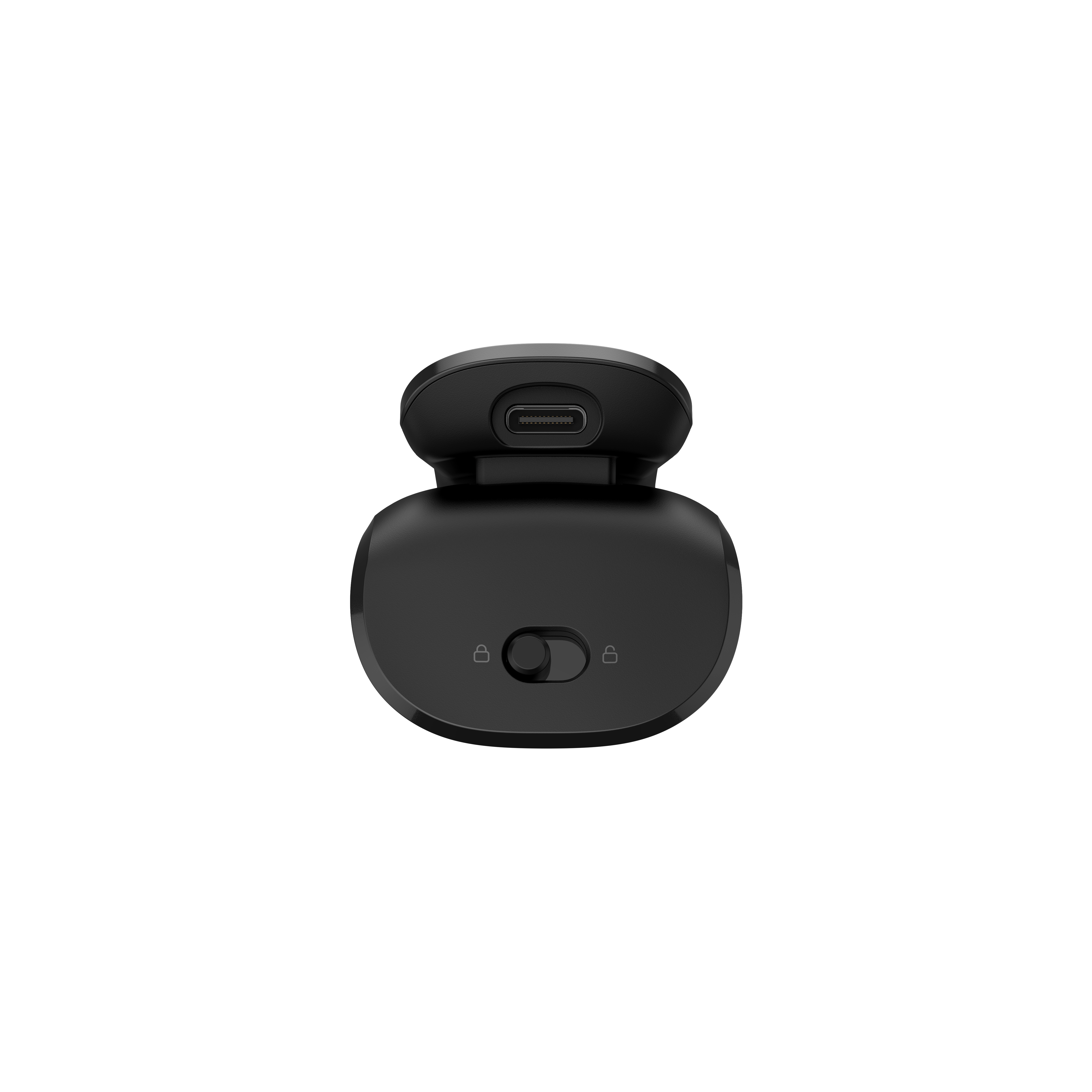 Schwarzes, abgerundetes Gerät mit zwei Knöpfen und einem USB-C-Anschluss oben. Isoliert auf Schwarz.