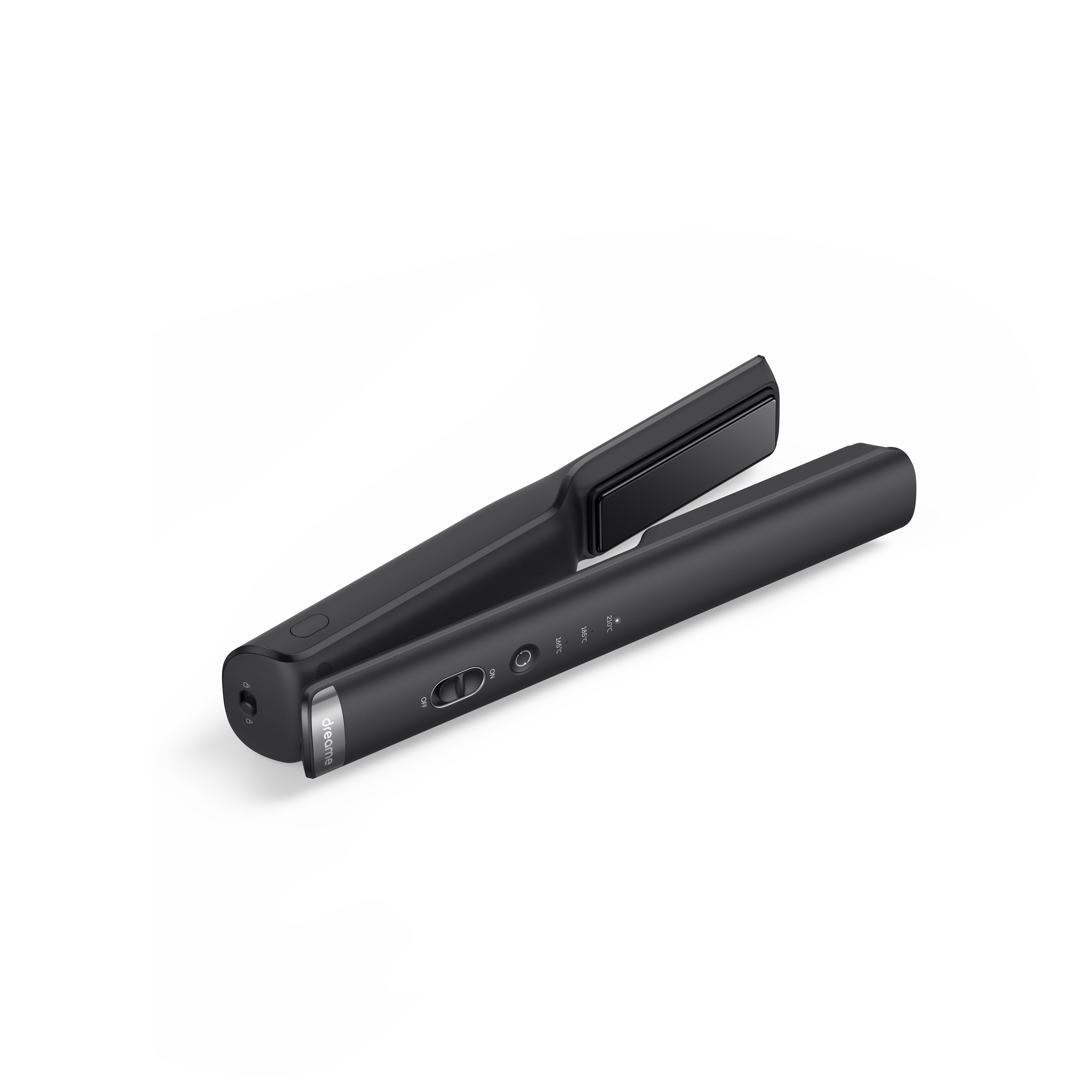 Schwarzer Haarglätter auf einer weißen Oberfläche mit dunklem Schatten.