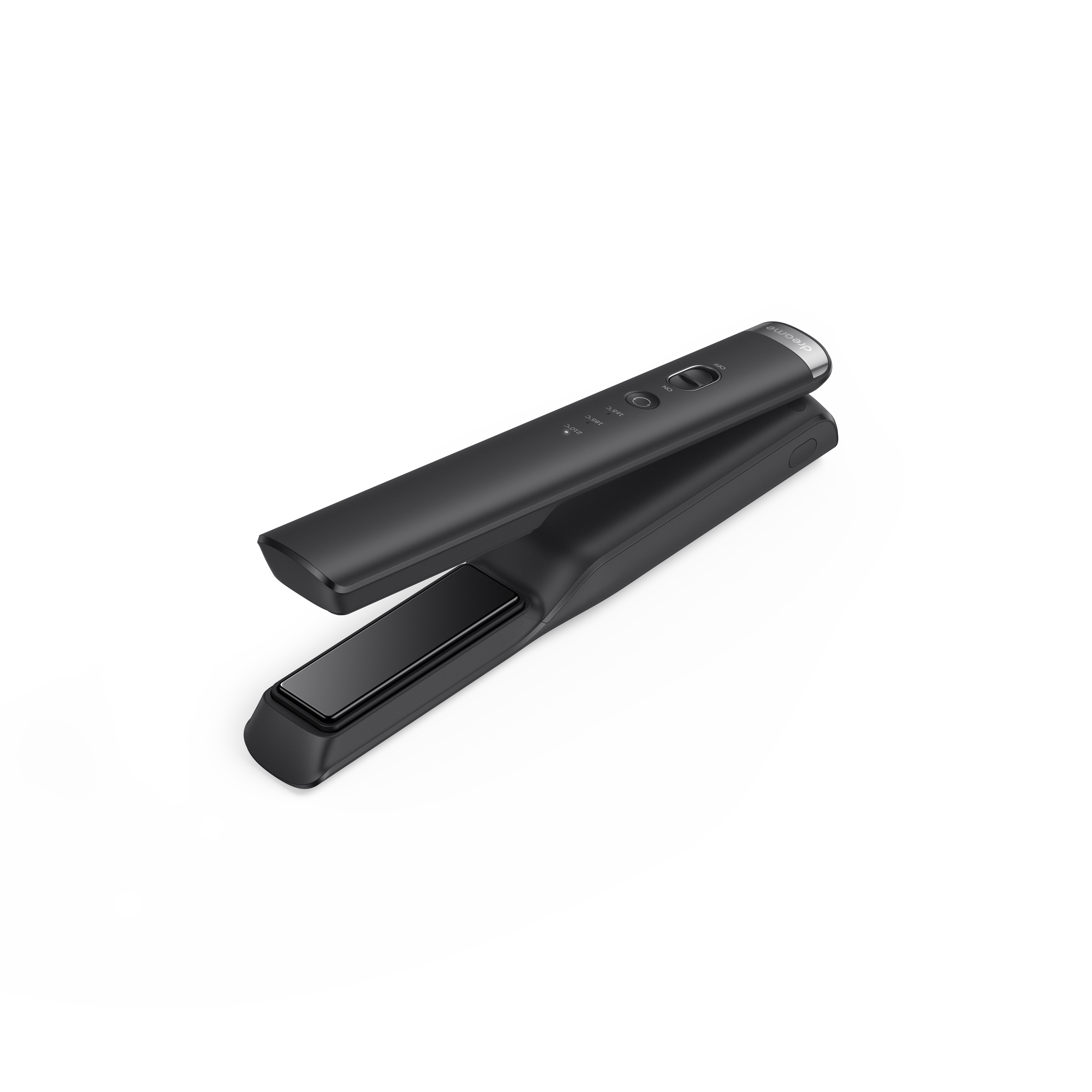 Schwarzer Haarglätter mit geschwungenem Design auf weißer Oberfläche.