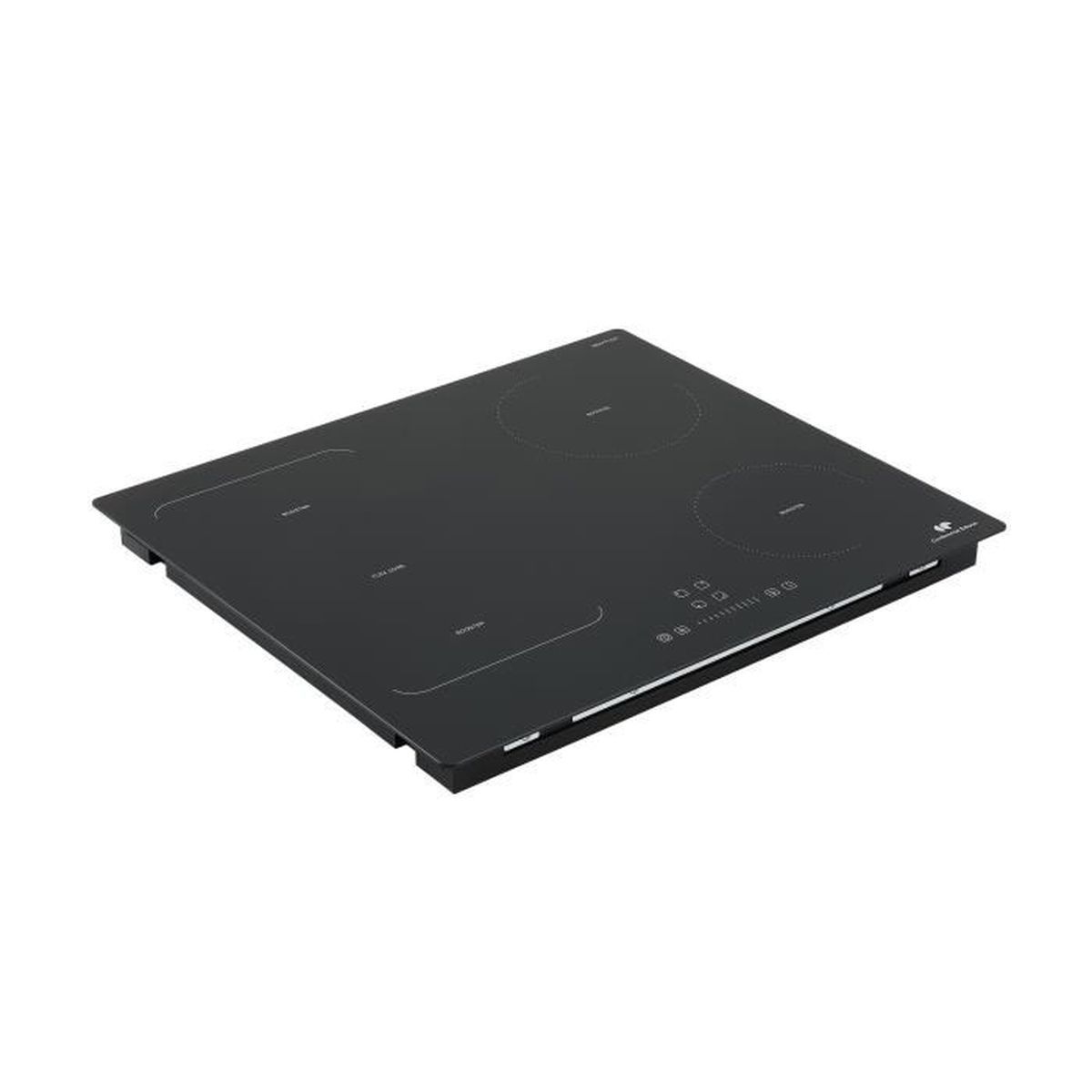 Czarna płyta grzewcza do zabudowy z elementami dotykowymi. Widoczne cztery pola.